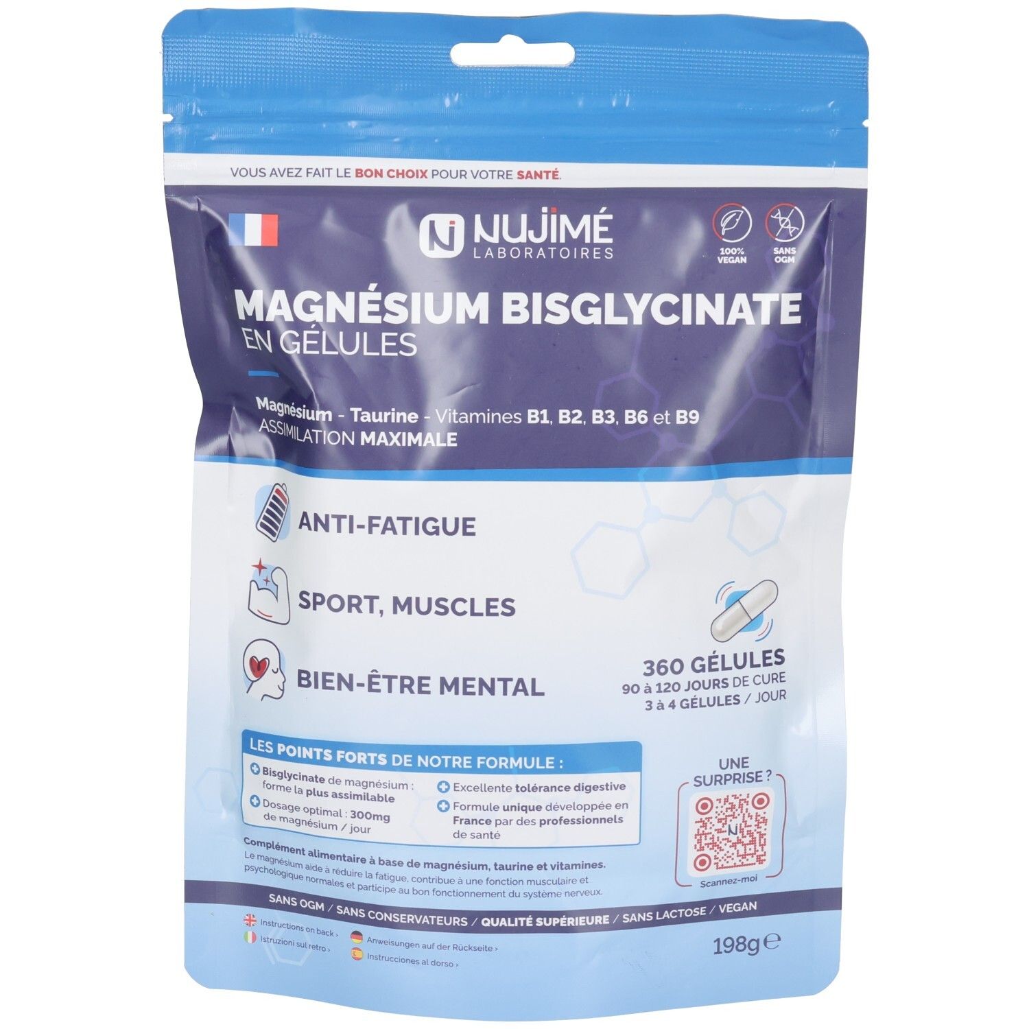 Sachet de "Magnésium Bisglycinate en gélules". Emballage bleu avec informations produit et logo.