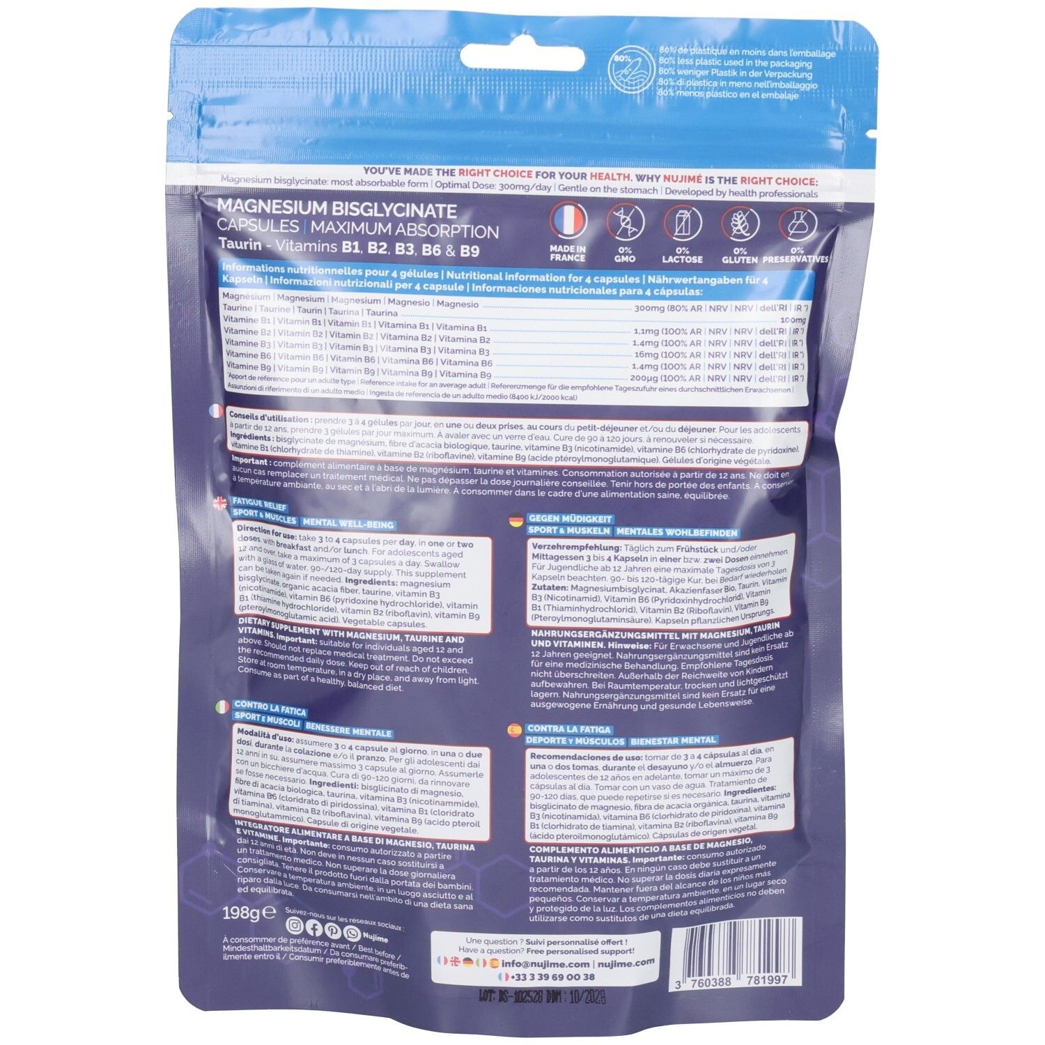 Dos du sachet "Magnésium Bisglycinate en gélules". Informations textuelles multilingues.