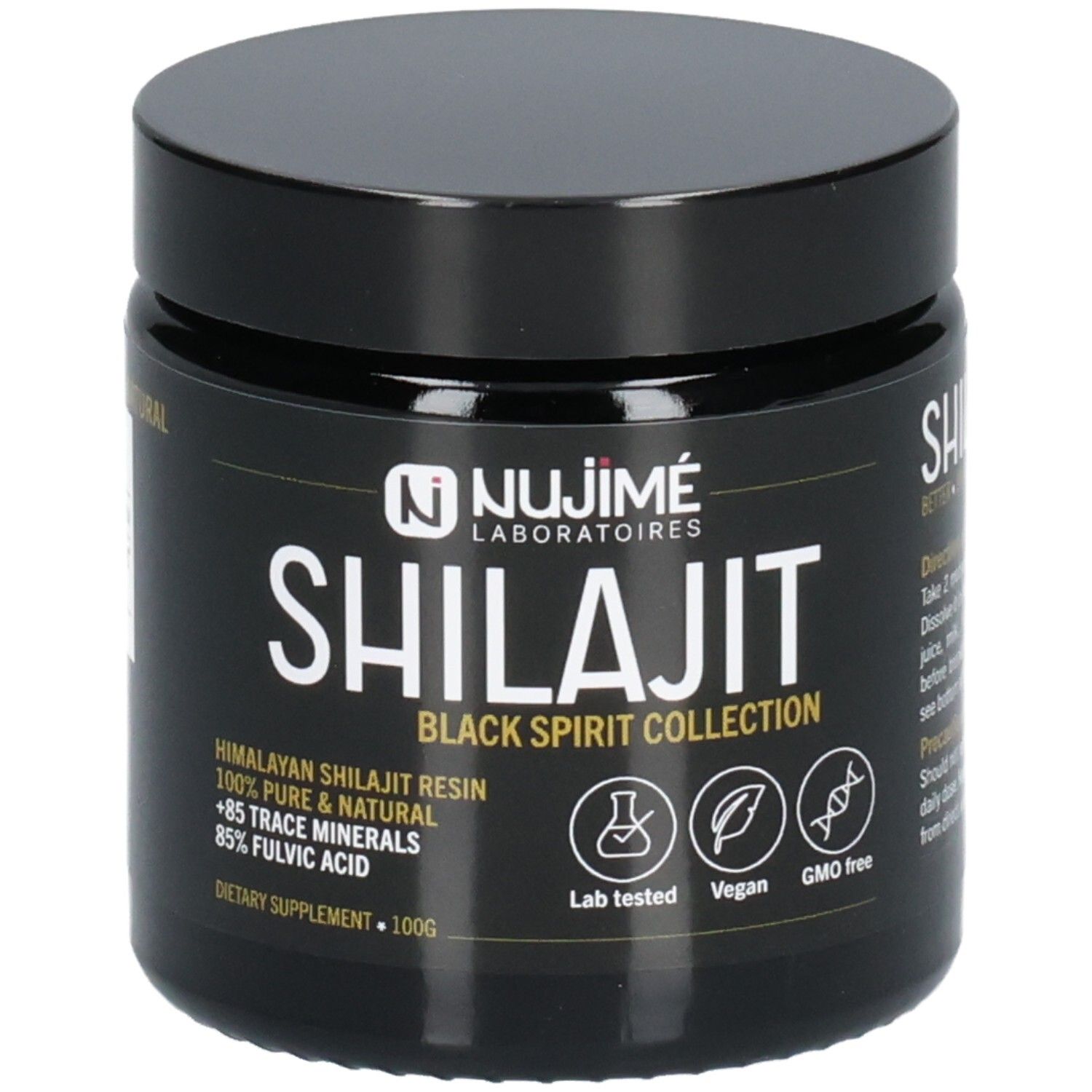 Pot noir avec couvercle. Inscription SHILAJIT, BLACK SPIRIT COLLECTION en dessous. Logos: Lab tested, Vegan, sans OGM. 100g.