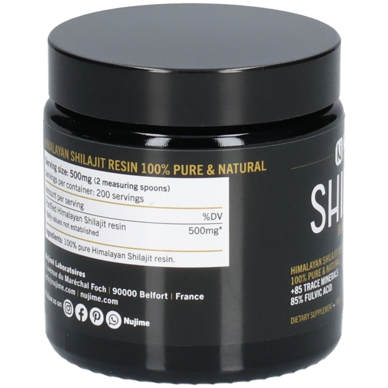 Pot noir avec couvercle. Inscription SHILAJIT. Dos avec informations: 100% pur Shilajit de l'Himalaya, Nujime Laboratoires.
