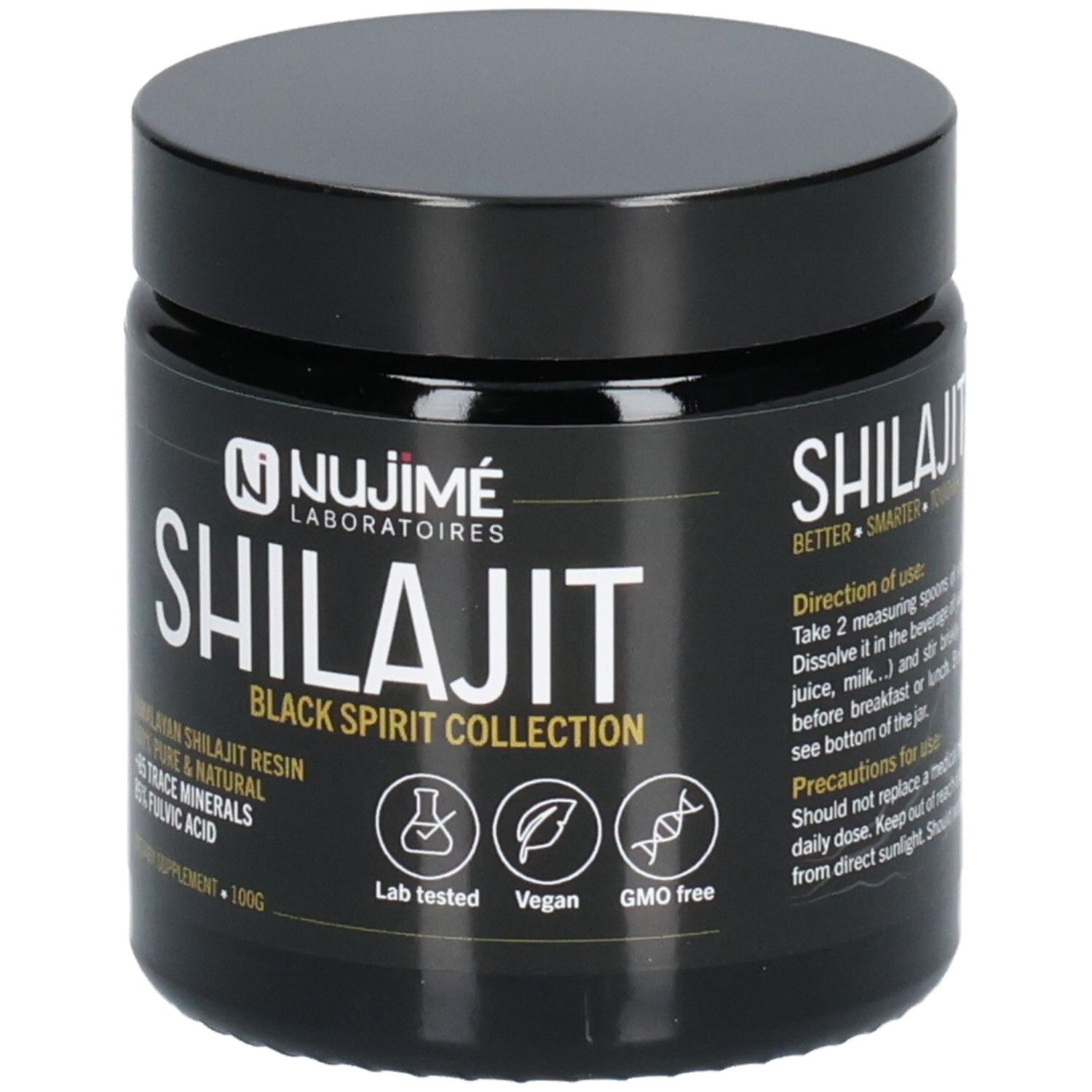 Pot noir avec couvercle. Inscription SHILAJIT, BLACK SPIRIT COLLECTION en dessous. Logos: Lab tested, Vegan, sans OGM. 100g.