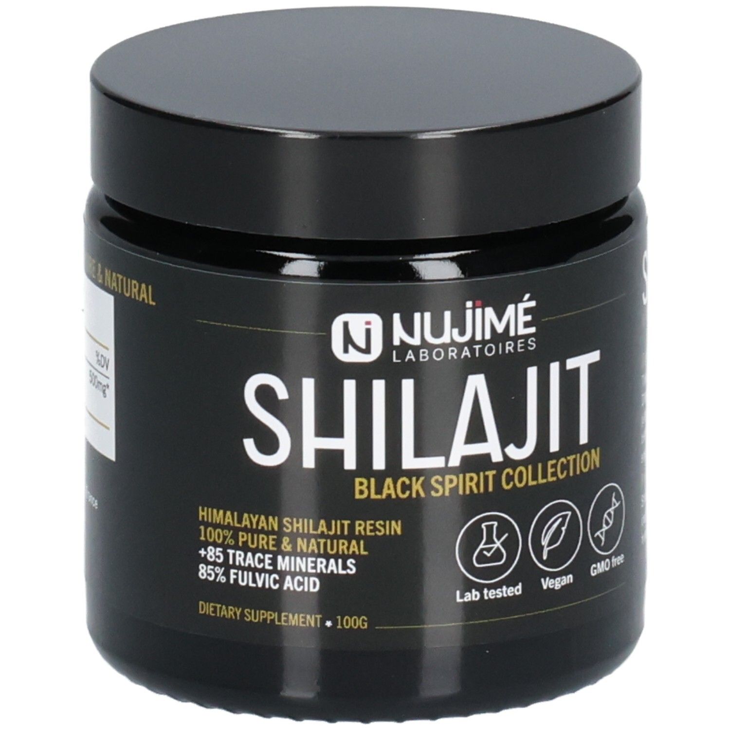 Pot noir avec couvercle. Inscription SHILAJIT, BLACK SPIRIT COLLECTION en dessous. Logos: Lab tested, Vegan, sans OGM. 100g.