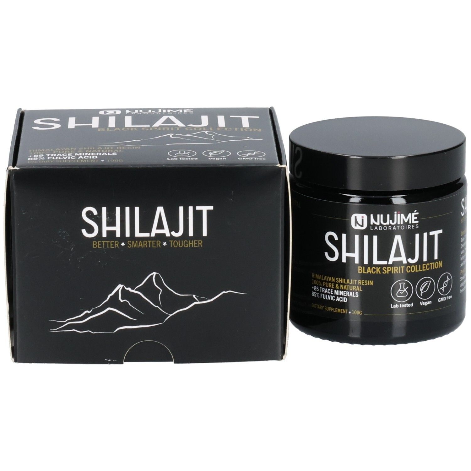 Pot noir avec couvercle et boîte noire. Inscription SHILAJIT. Boîte avec logo et texte: BETTER * SMARTER * TOUGHER.