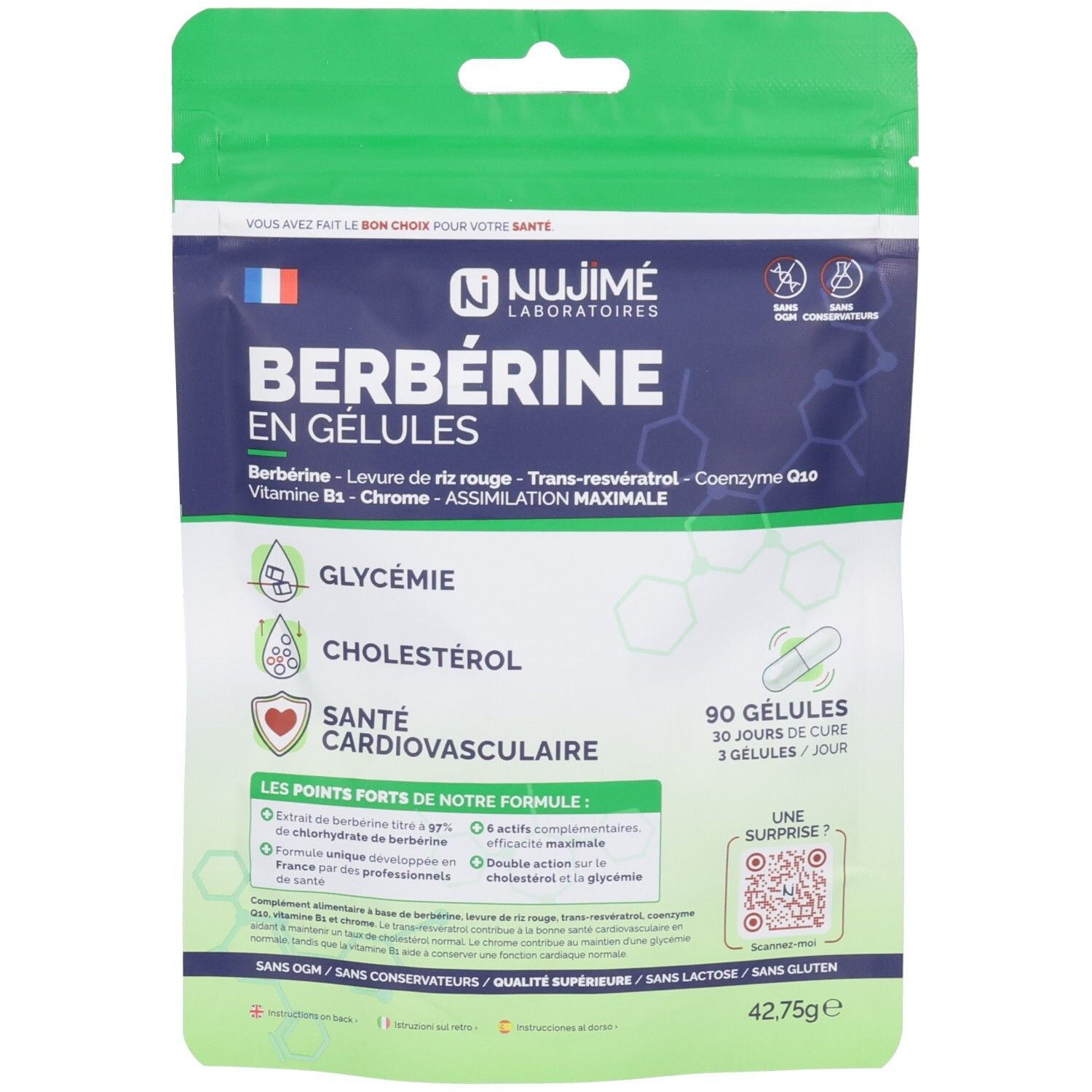 Gélules de Berbérine : Vue avant de l'emballage avec informations produit et bénéfices santé.