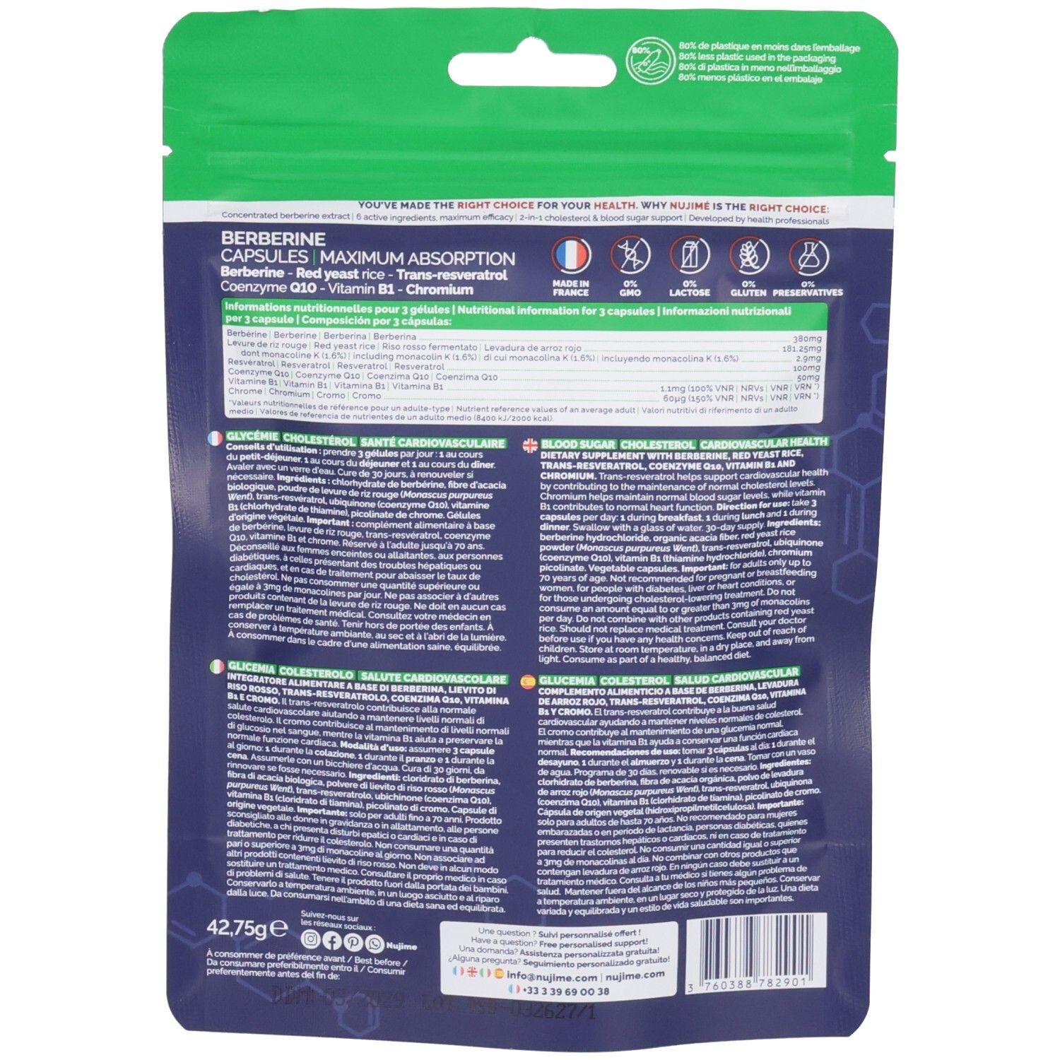 Gélules de Berbérine : Vue arrière de l'emballage avec informations nutritionnelles détaillées et instructions.