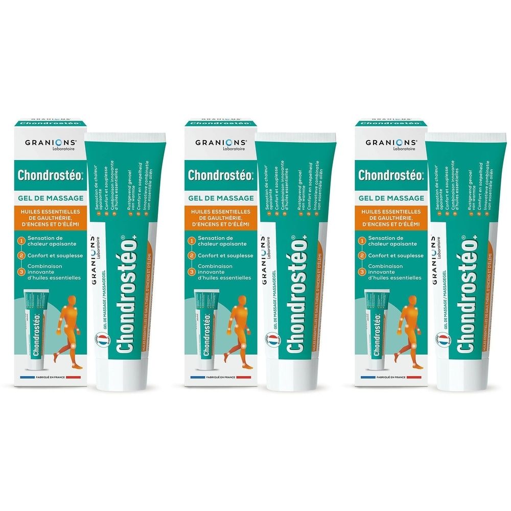 Plusieurs tubes et boîtes avec impression du produit. Inscription : Chondrostéo, Gel de massage. Vert, blanc et orange.