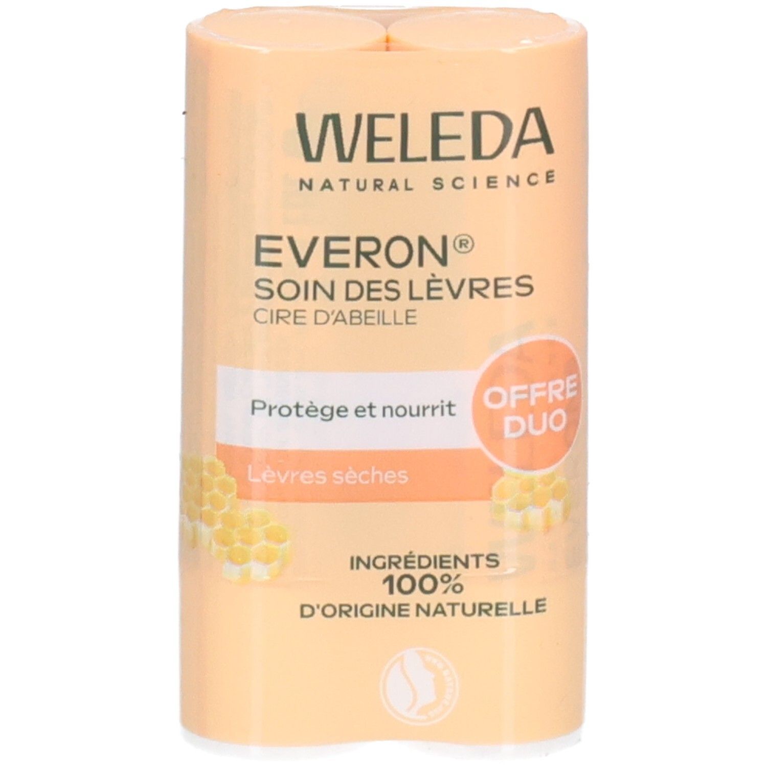 Pack de deux sticks. Face avant avec nom du produit, texte et logo. Fond orange avec illustrations de nids d'abeilles.