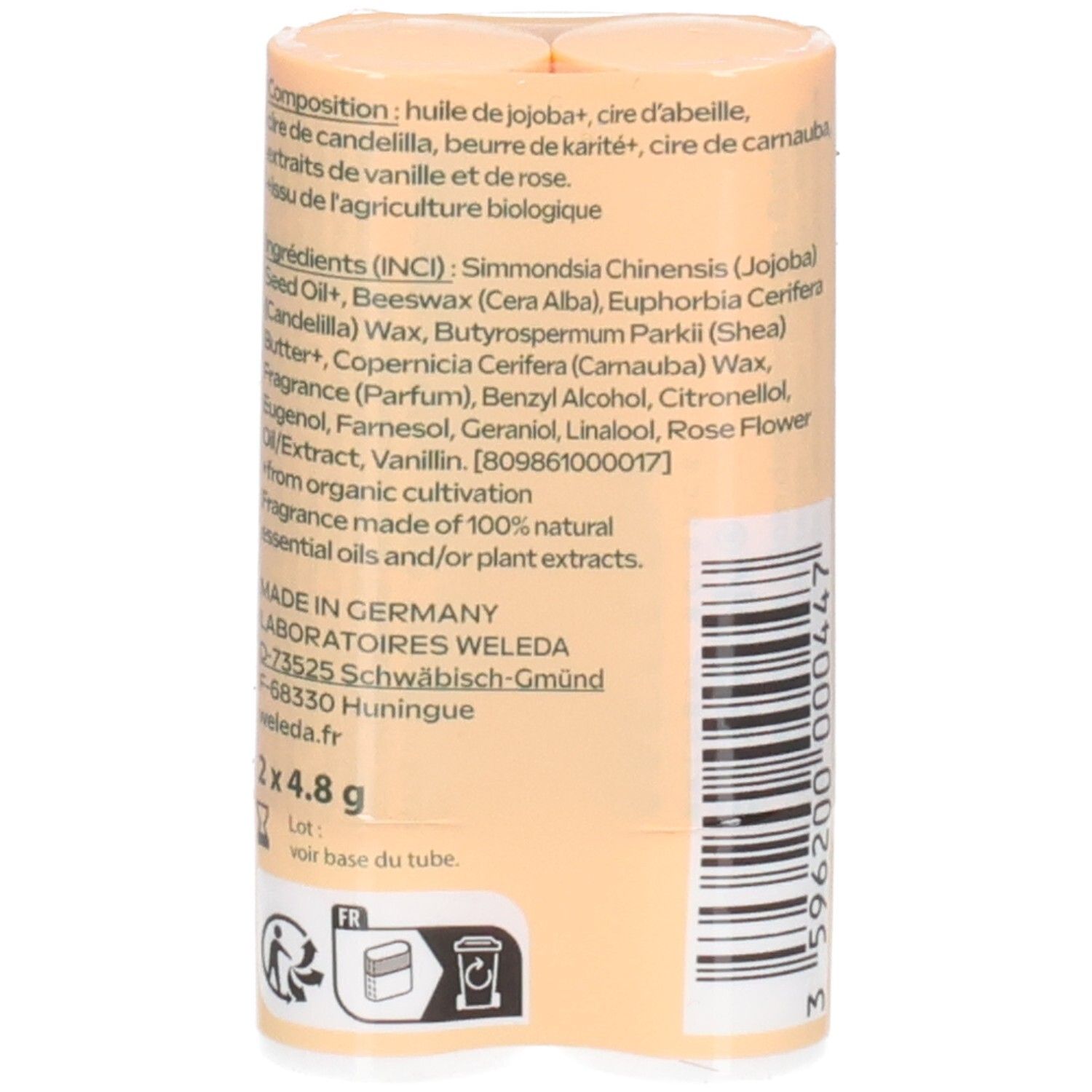 Dos du pack double. Texte avec ingrédients, origine et fabricant. 2x4,8 g. Avec code-barres et symboles de recyclage.