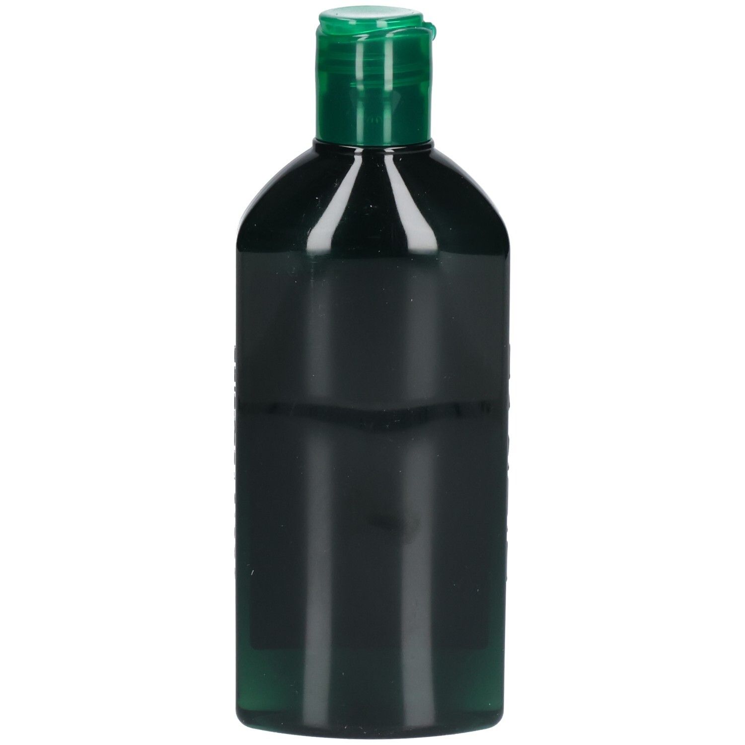 Bouteille verte avec bouchon vert. La bouteille est vert foncé et de forme arrondie.