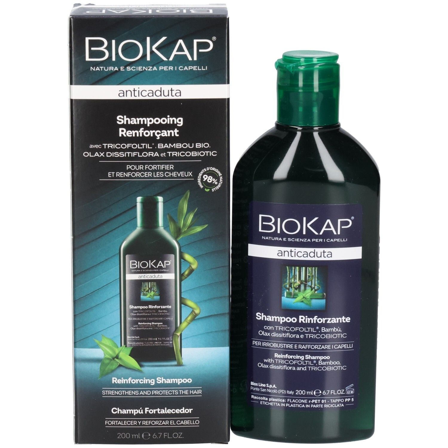 Emballage et bouteille du produit. Inscription BIOKAP, anticaduta. Shampoo Rinforzante. Bouteille et boîte côte à côte.