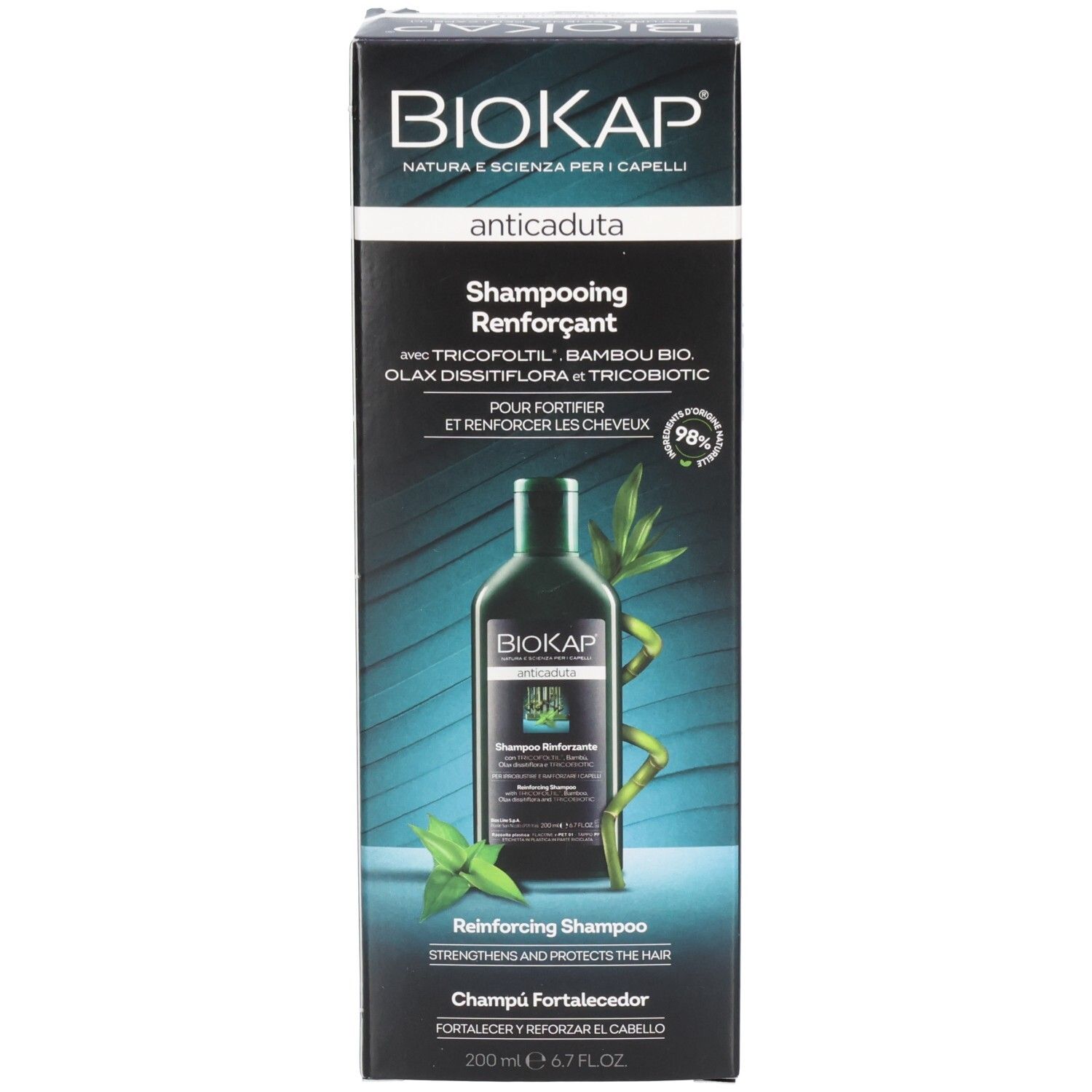 Emballage du produit. Inscription BIOKAP, anticaduta. Shampoo Rinforzante. Boîte avec image du produit et texte.