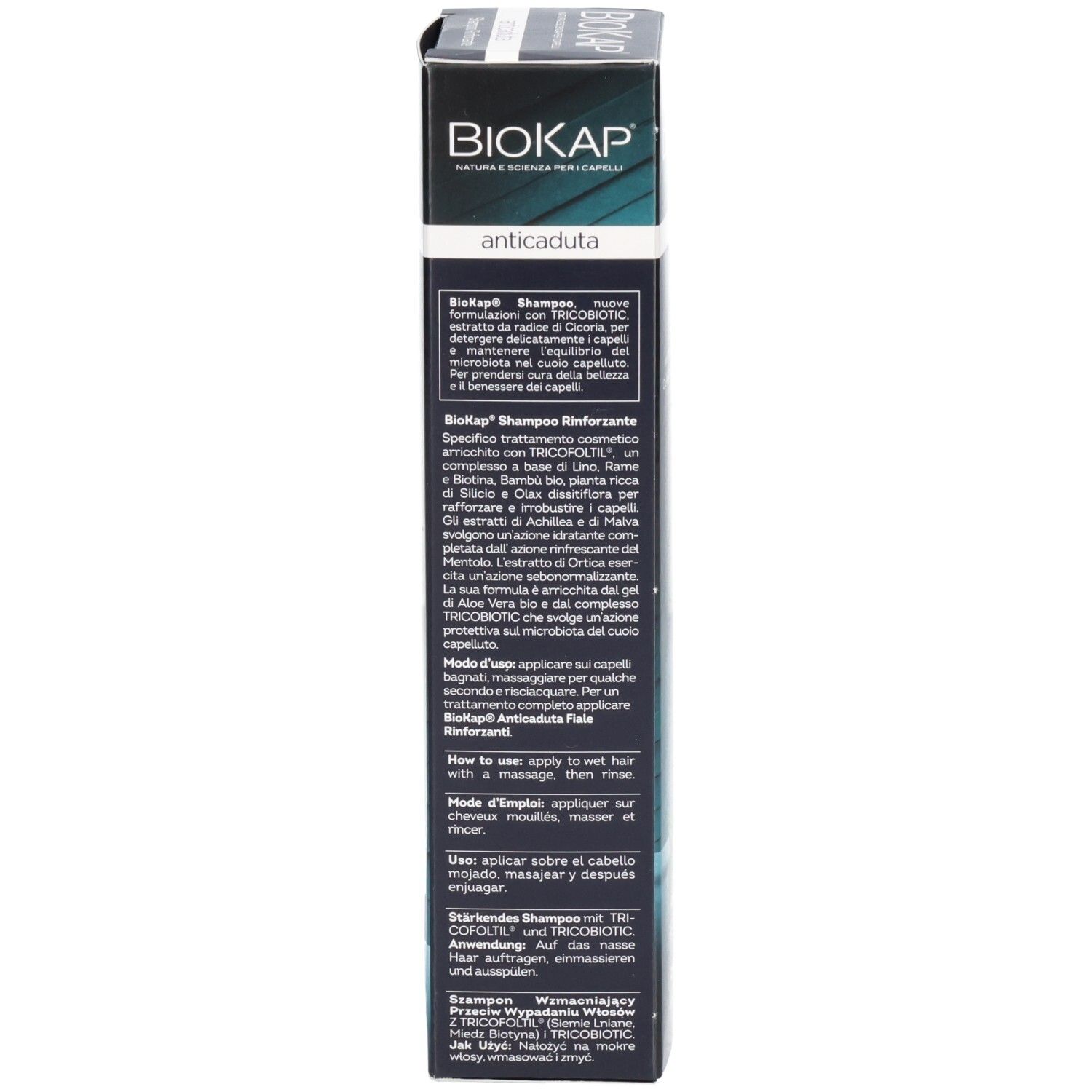 Emballage du produit. Inscription BIOKAP, anticaduta. Texte avec ingrédients et instructions d'utilisation. Boîte noire.