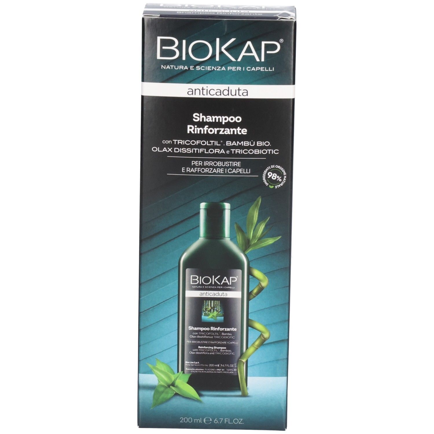 Emballage du produit. Inscription BIOKAP, anticaduta. Shampoo Rinforzante. Boîte avec image du produit et texte.