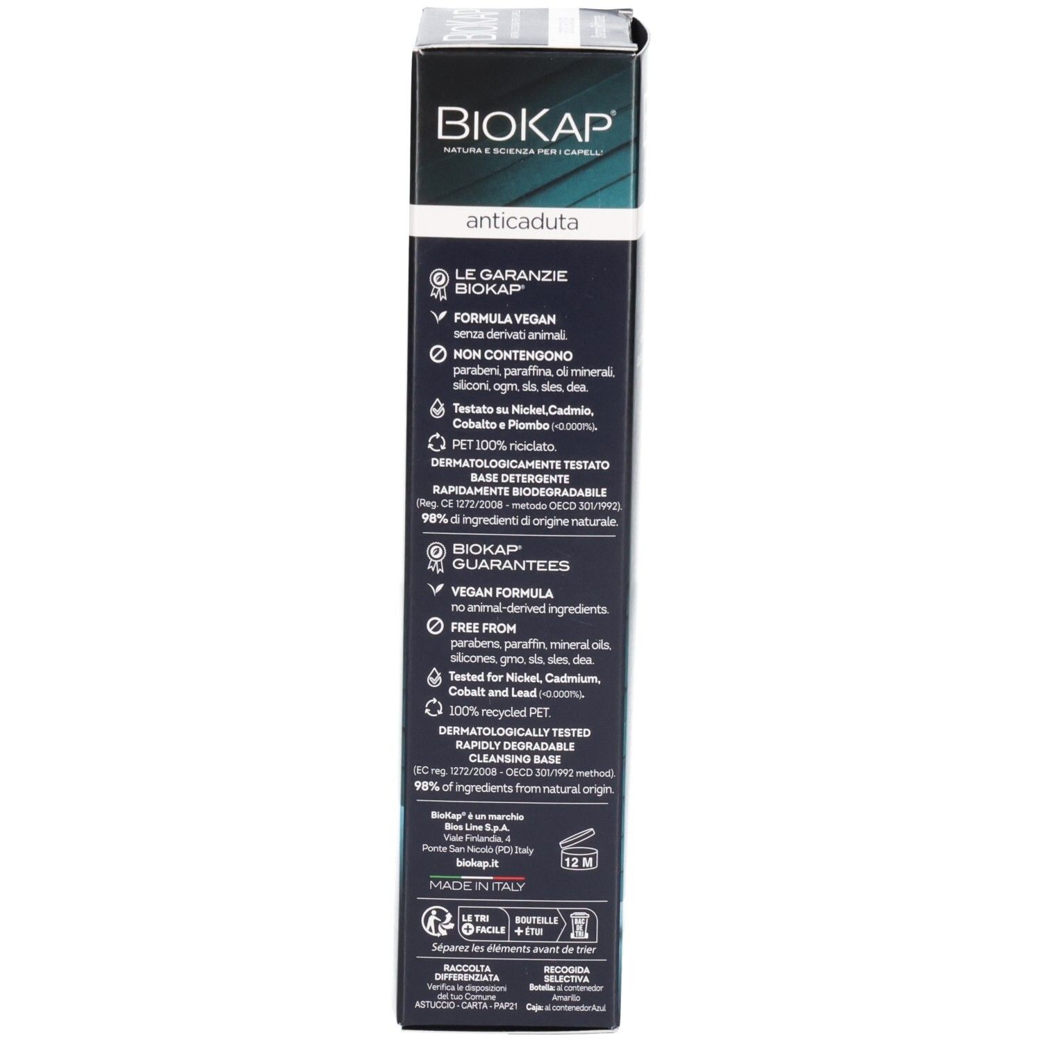Emballage du produit. Inscription BIOKAP, anticaduta. Informations sur les ingrédients et les certifications. Boîte noire.