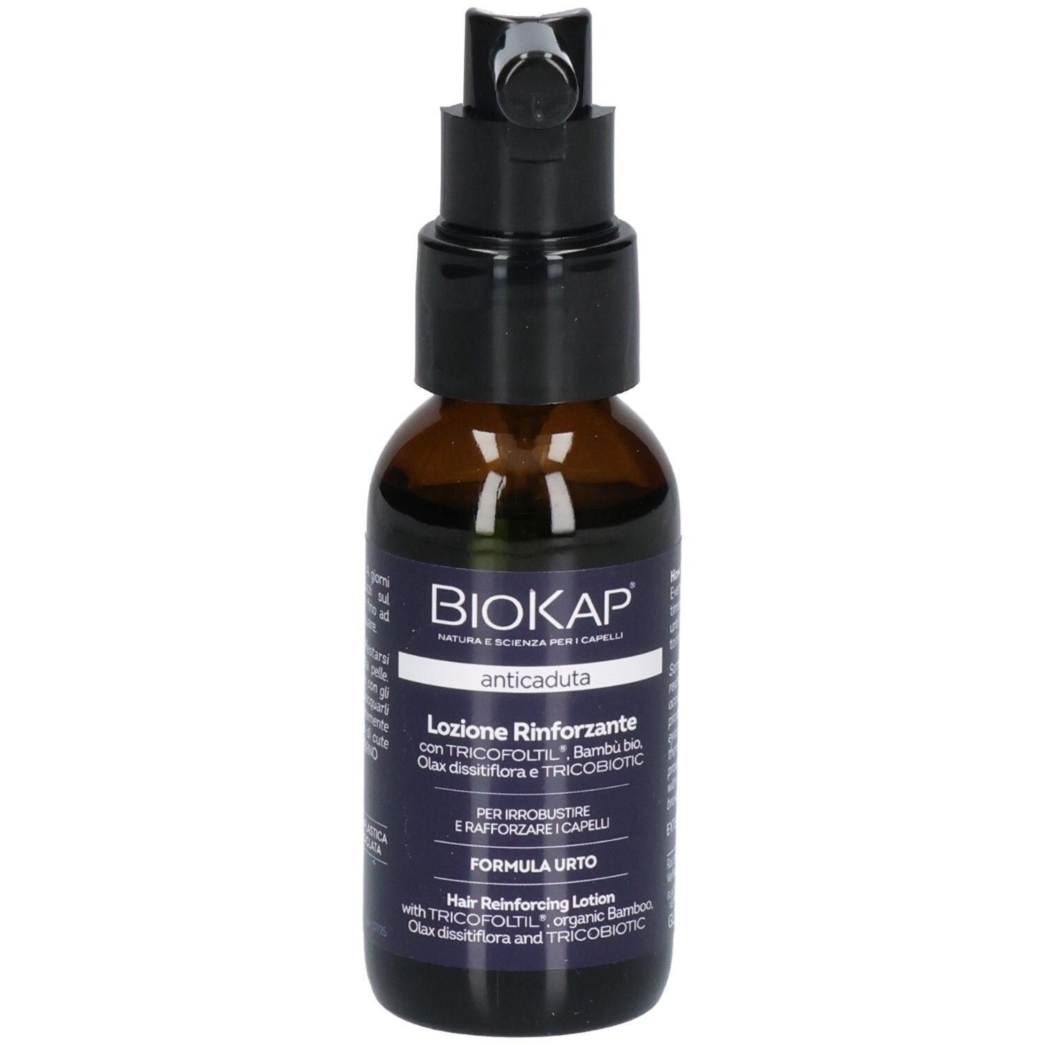 Flacon brun avec vaporisateur noir. Inscriptions: BIOKAP, anticaduta, Lotion renforzante. Texte en italien.