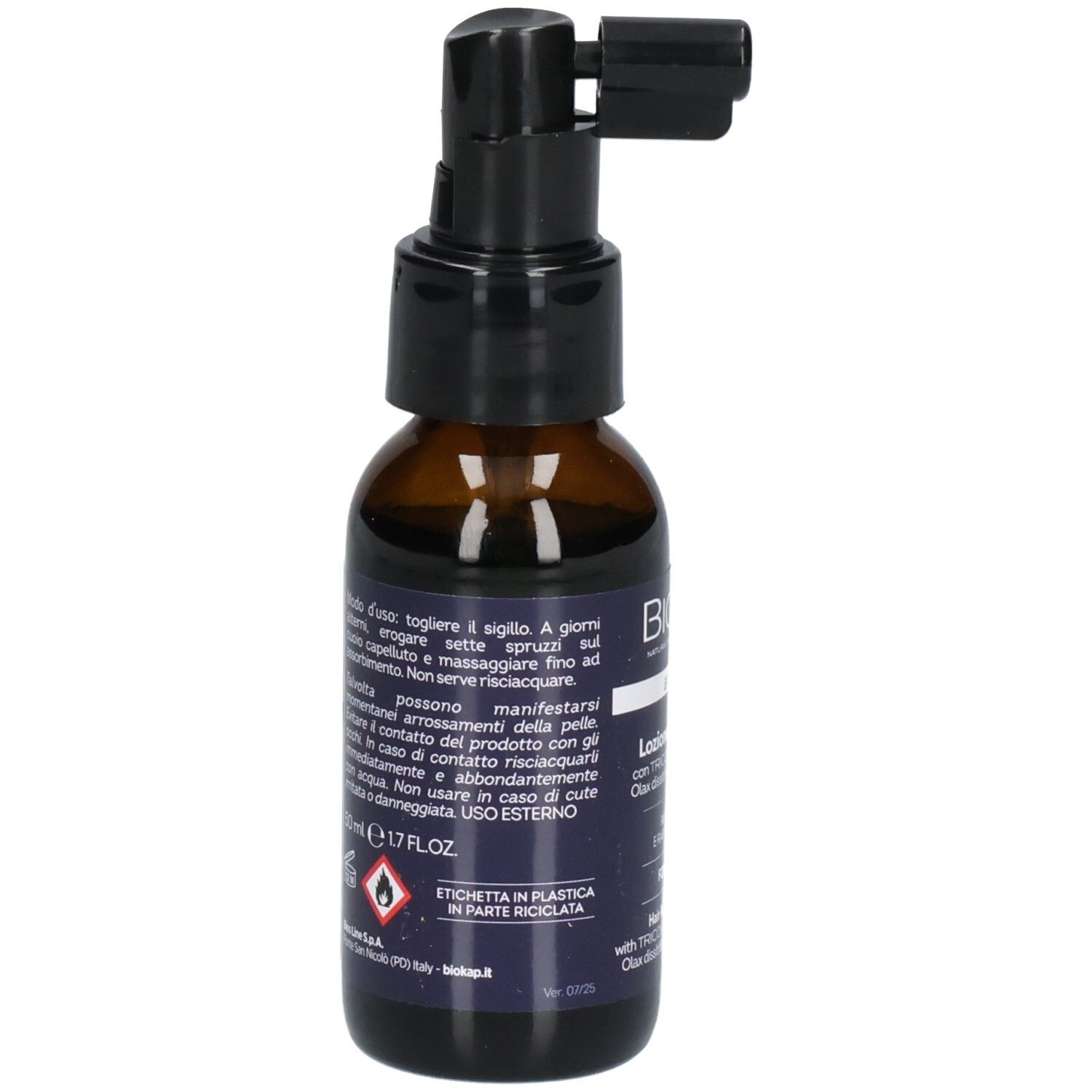Flacon brun avec vaporisateur noir. Inscription: BIOKAP. Texte en italien. Avertissement.