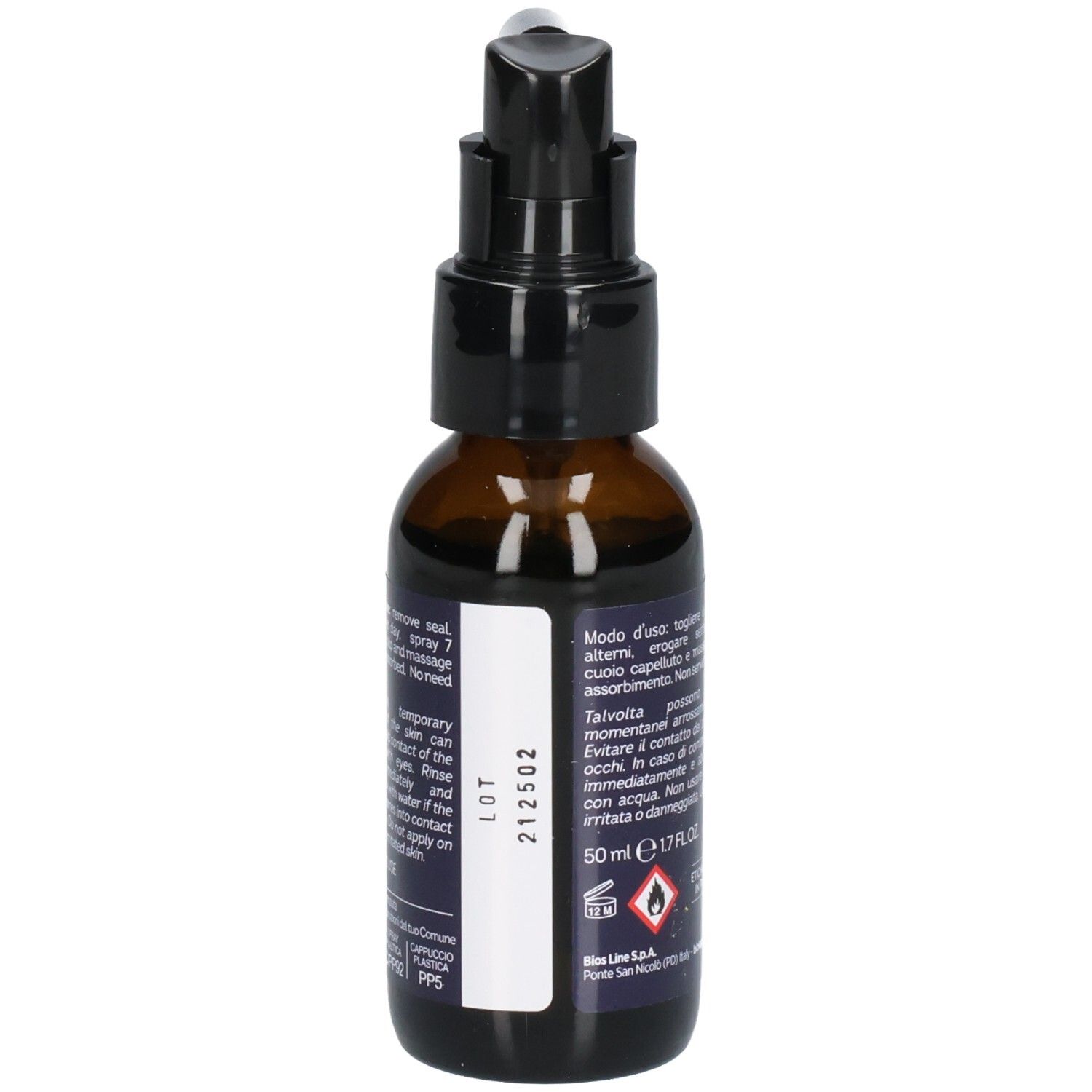 Flacon brun avec vaporisateur noir. Inscription: BIOKAP. Étiquette avec texte et numéro de lot. 50 ml.