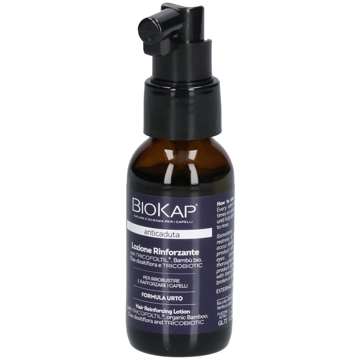 Flacon brun avec vaporisateur noir. Inscriptions: BIOKAP, anticaduta, Lotion renforzante. Texte en italien.