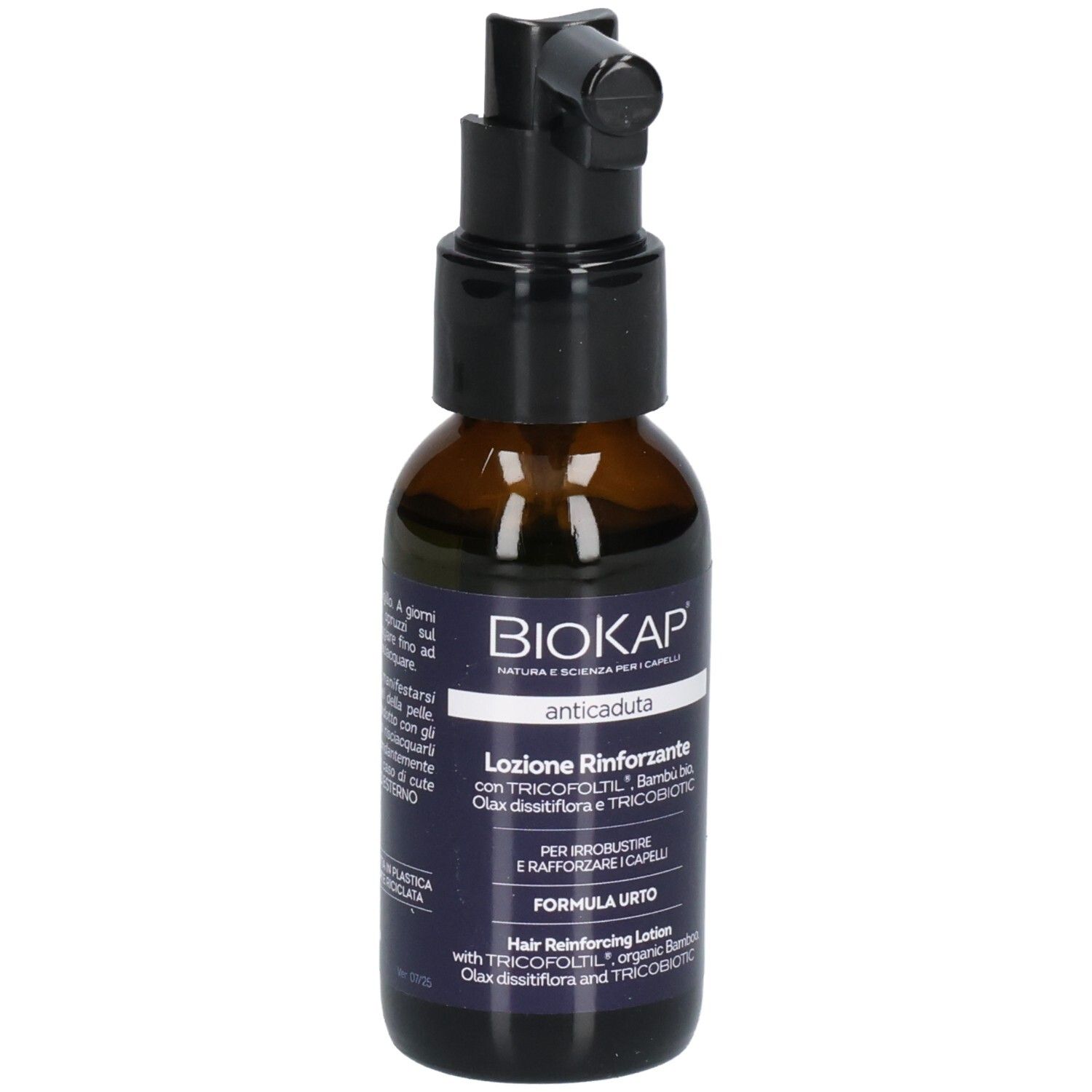 Flacon brun avec vaporisateur noir. Inscriptions: BIOKAP, anticaduta, Lotion renforzante. Texte en italien.