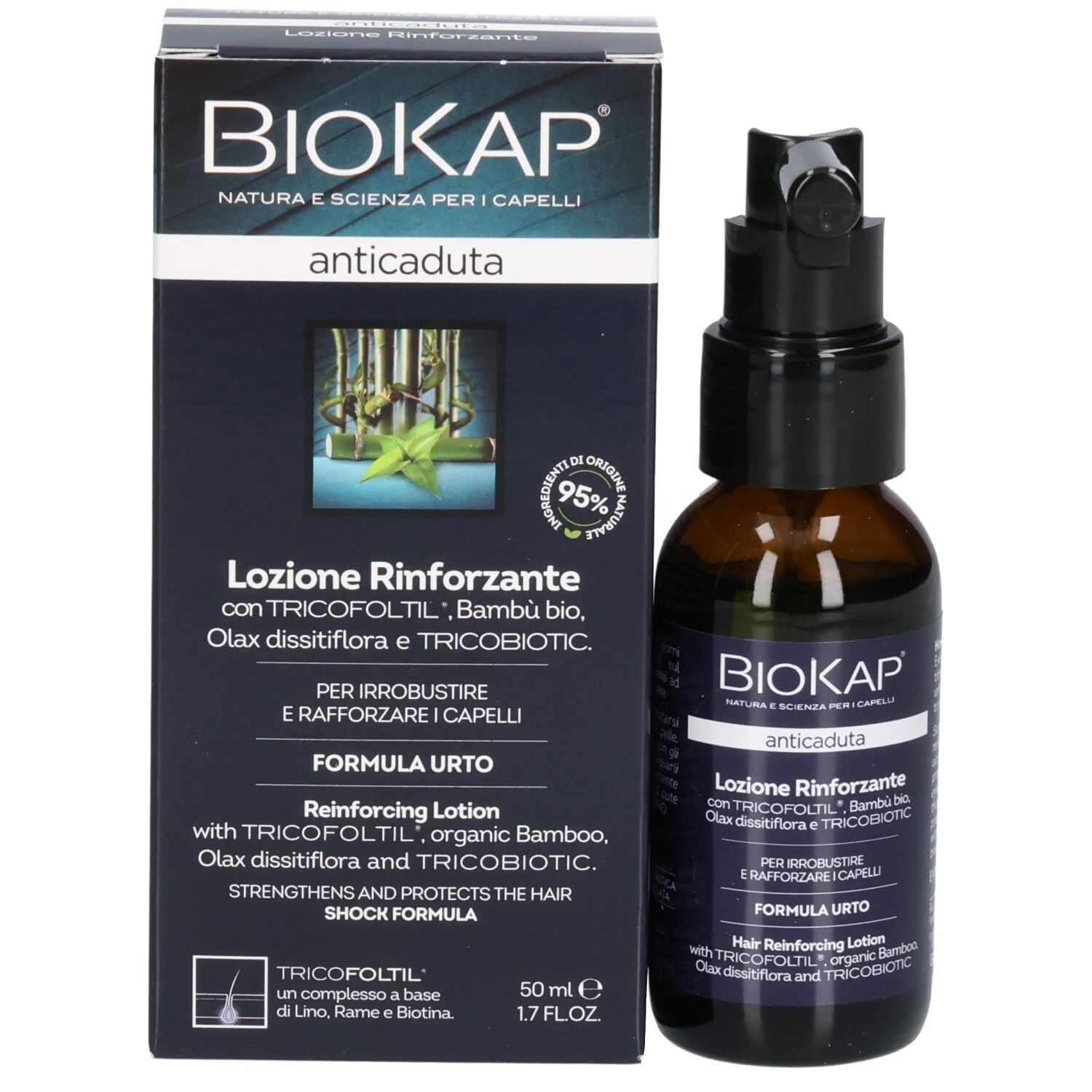 Emballage et flacon. Inscriptions: BIOKAP, anticaduta, Lotion renforzante. Texte en italien. 50 ml.