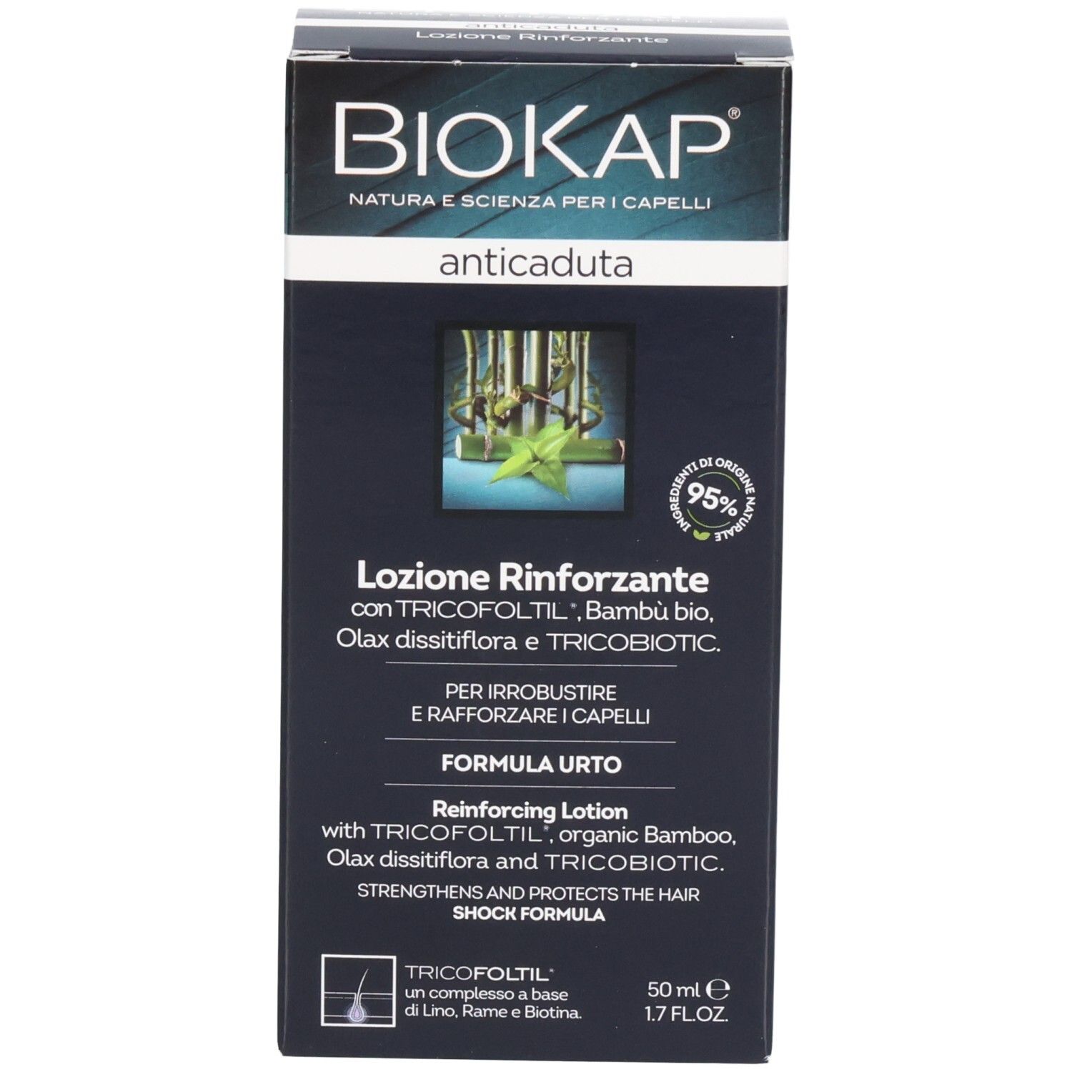 Emballage du produit. Inscriptions: BIOKAP, anticaduta, Lotion renforzante. Texte en italien. 50 ml.