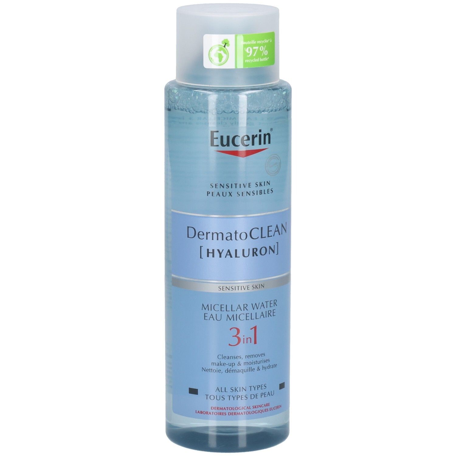 Eucerin Dermatoclean [Hyaluron] Eau micellaire. Bouteille avec étiquette bleu et blanc. Inscription: Sensitive Skin, 3en1.