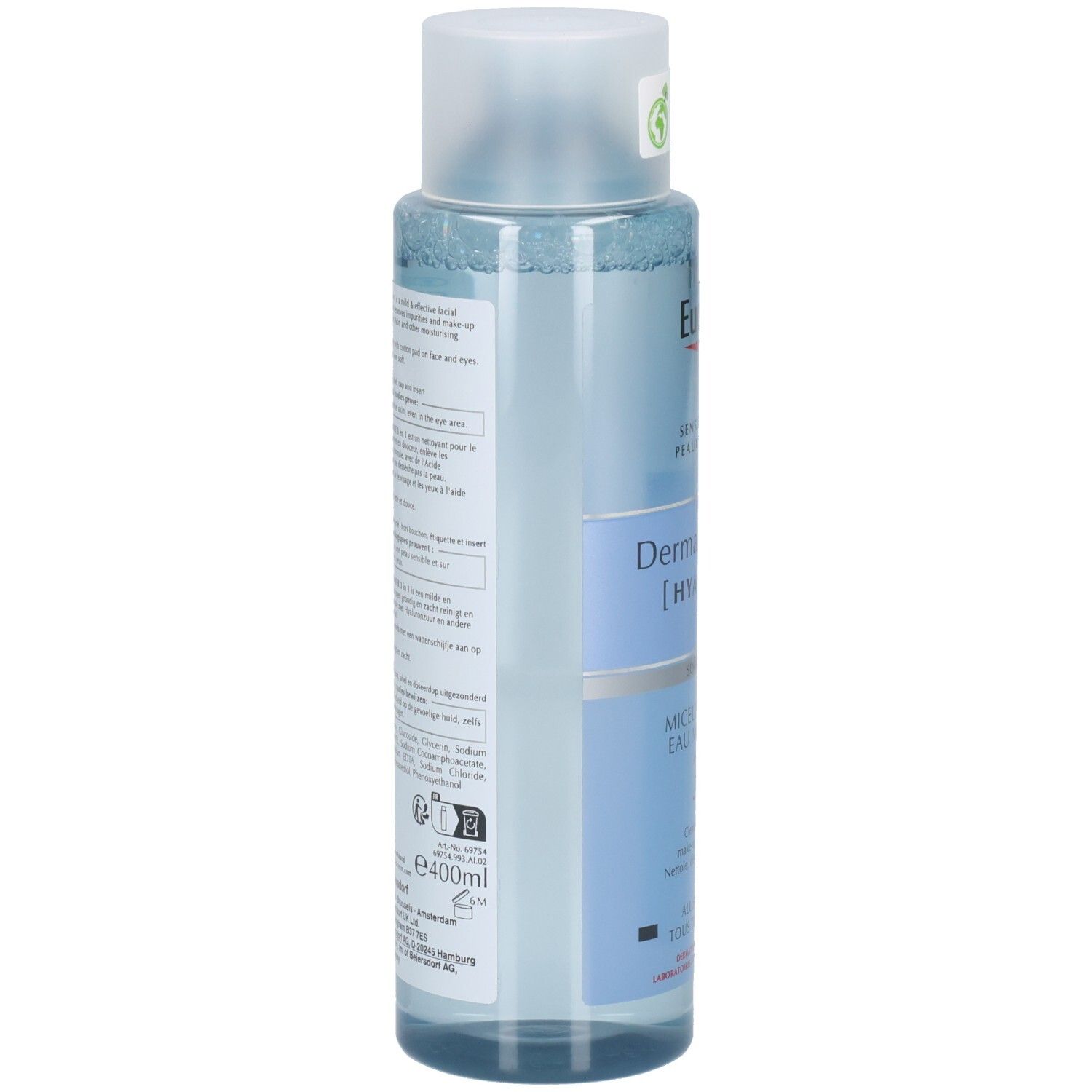 Eucerin Dermatoclean [Hyaluron] Eau micellaire. Bouteille, vue latérale. Étiquette avec informations et ingrédients du produit.