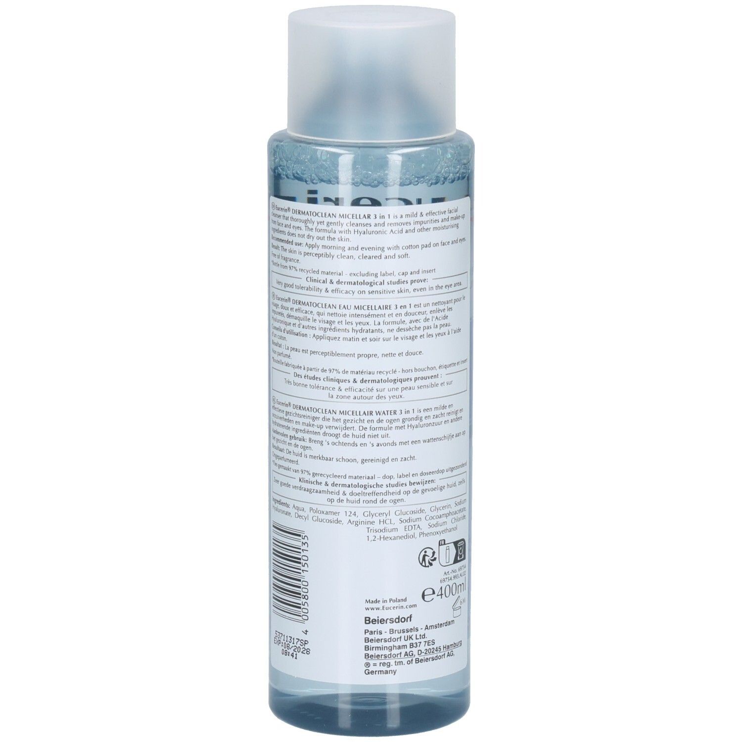 Eucerin Dermatoclean [Hyaluron] Eau micellaire. Dos de la bouteille. Étiquette avec informations et ingrédients du produit.