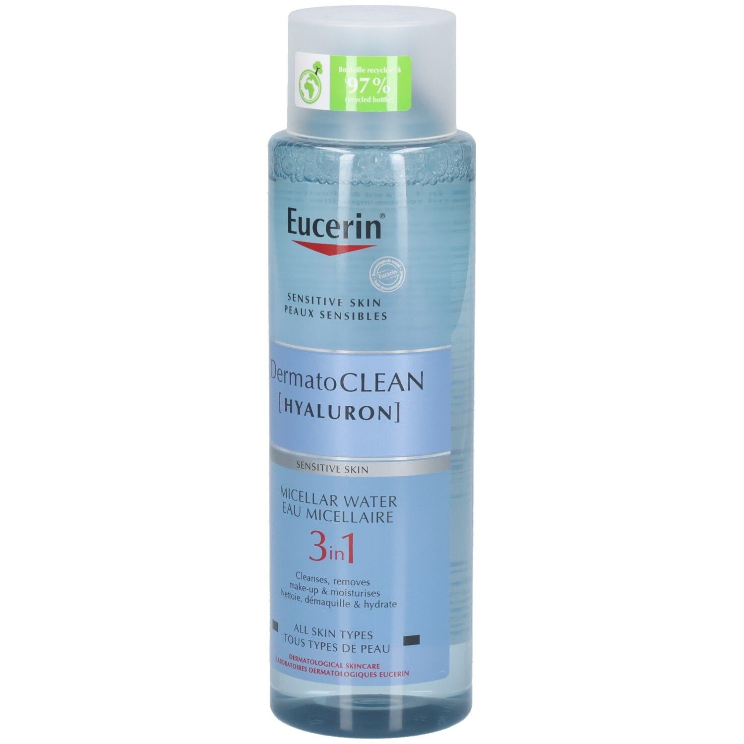 Eucerin Dermatoclean [Hyaluron] Eau micellaire. Bouteille avec étiquette bleu et blanc. Inscription: Sensitive Skin, 3en1.