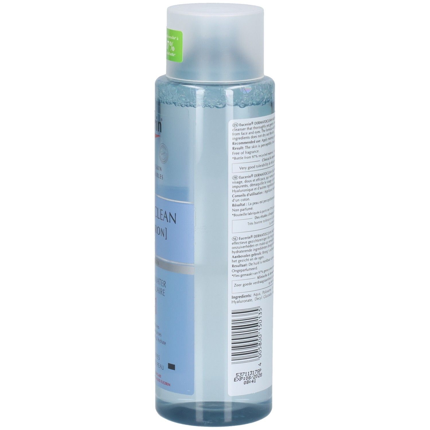 Eucerin Dermatoclean [Hyaluron] Eau micellaire. Bouteille, vue latérale. Étiquette avec informations et ingrédients du produit.