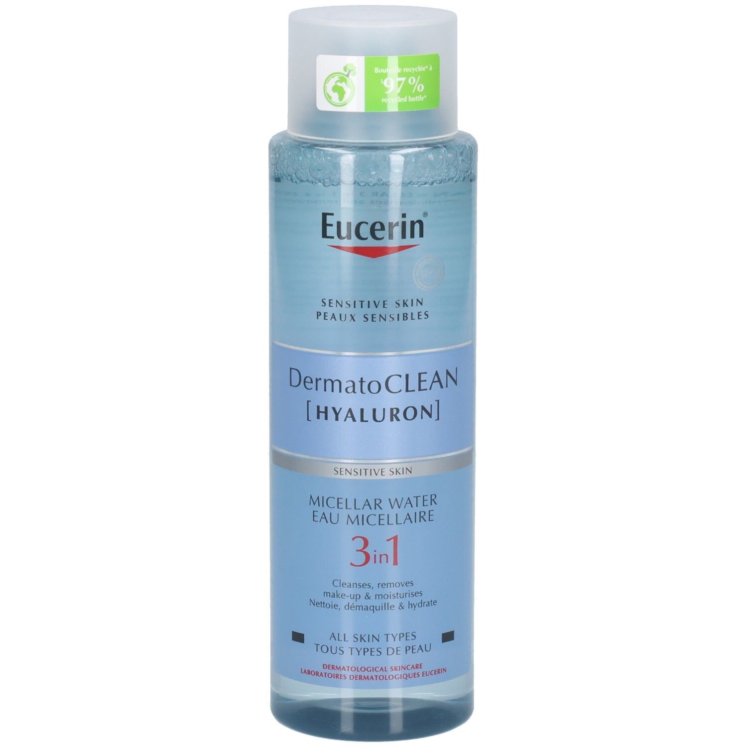 Eucerin Dermatoclean [Hyaluron] Eau micellaire. Bouteille avec étiquette bleu et blanc. Inscription: Sensitive Skin, 3en1.