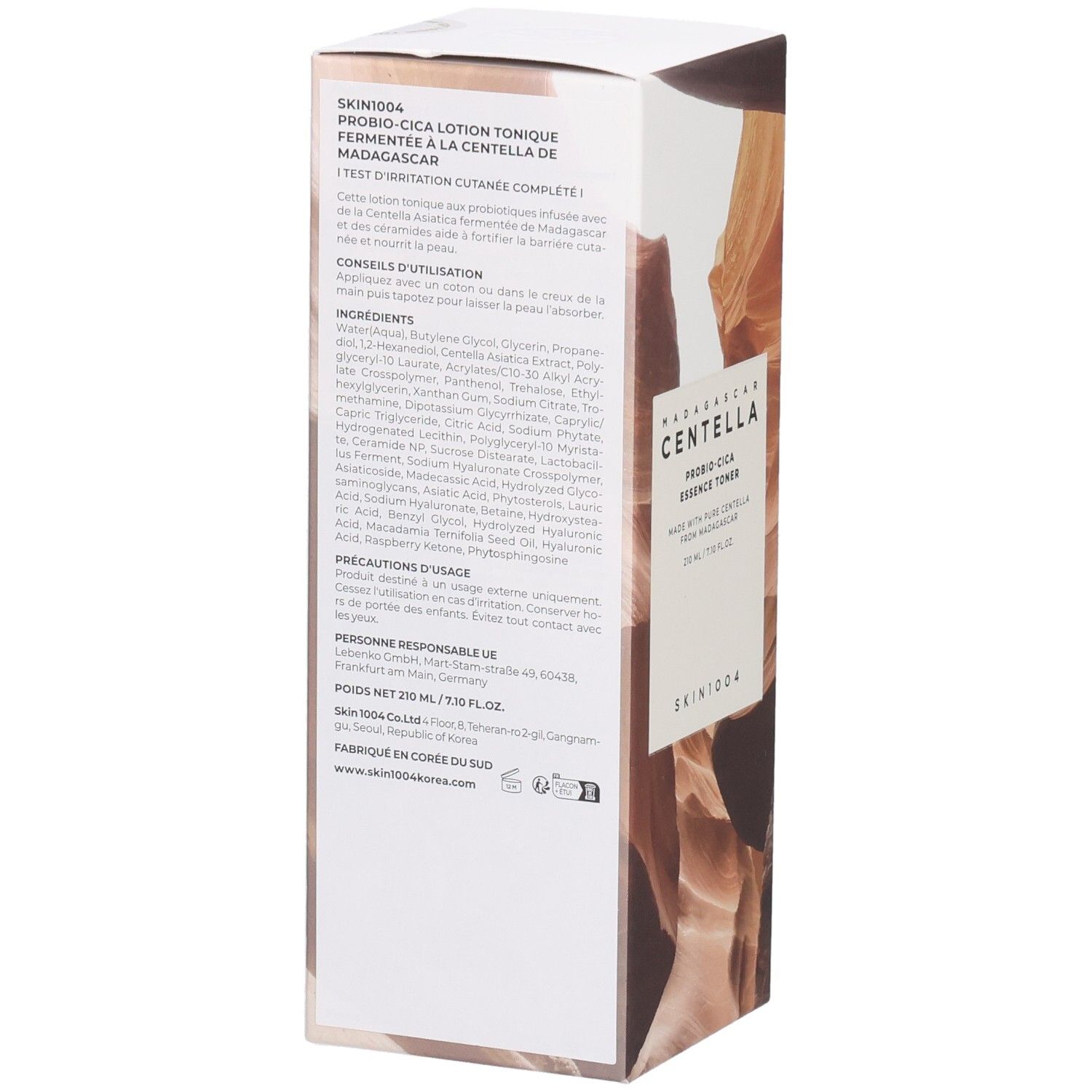 Emballage produit avec texte et ingrédients. Texte: SKIN1004, PROBIO-CICA LOTION TONIQUE, ingrédients, précautions d'emploi.