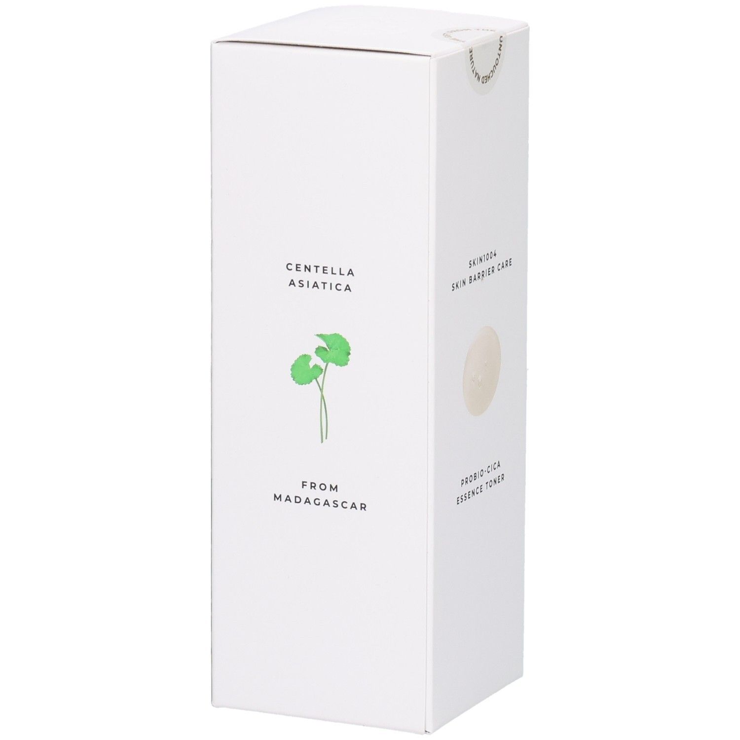 Emballage blanc avec texte et logo. Texte: CENTELLA ASIATICA, FROM MADAGASCAR, PROBIO-CICA ESSENCE TONER.