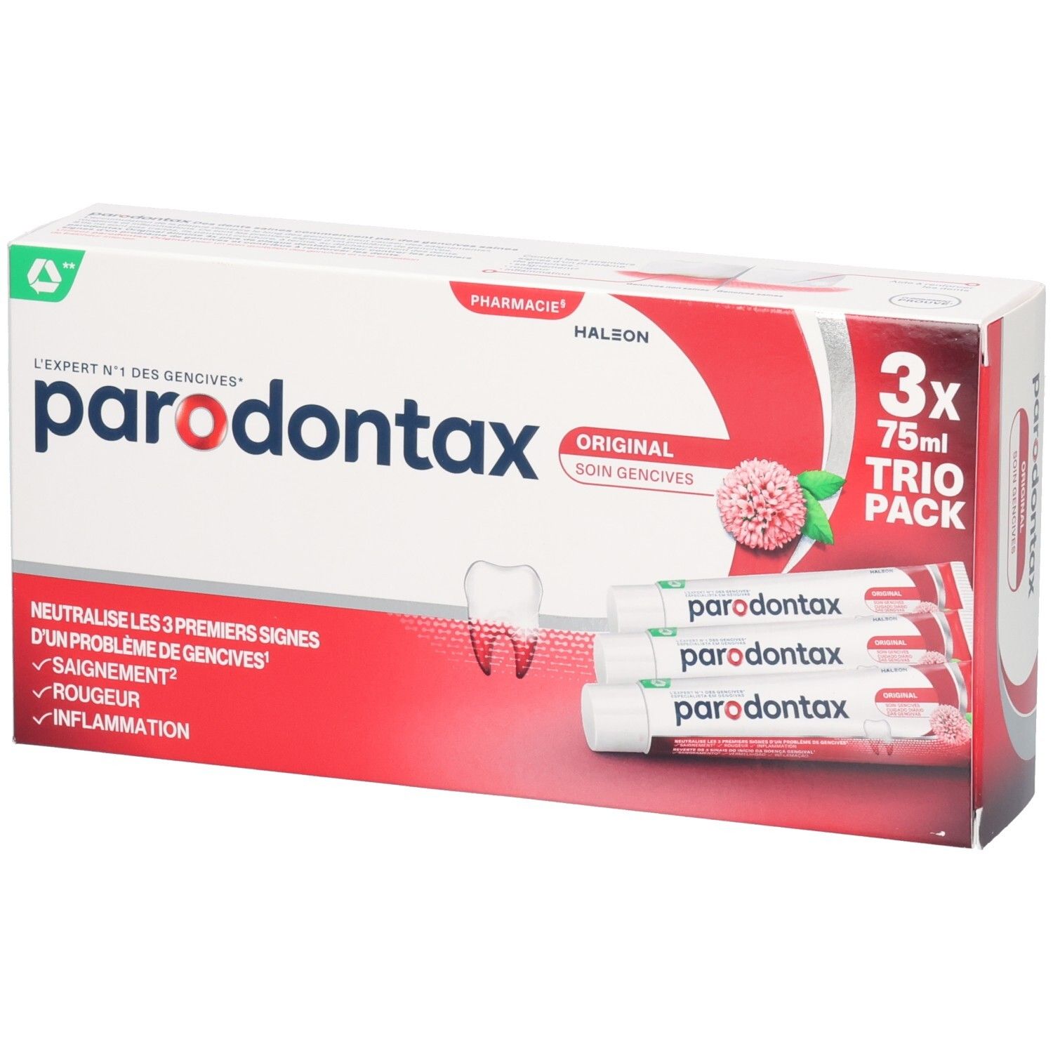 Boîte de trois tubes de dentifrice parodontax Original. Contient 3x75ml. Emballage rouge et blanc.