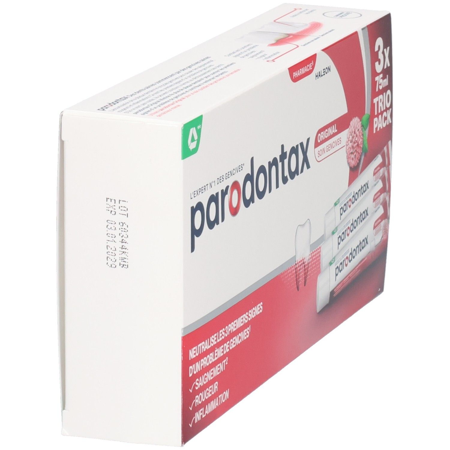 Vue latérale de l'emballage de dentifrice. Inscription: parodontax, Original. Contient trois tubes. Emballage rouge et blanc.