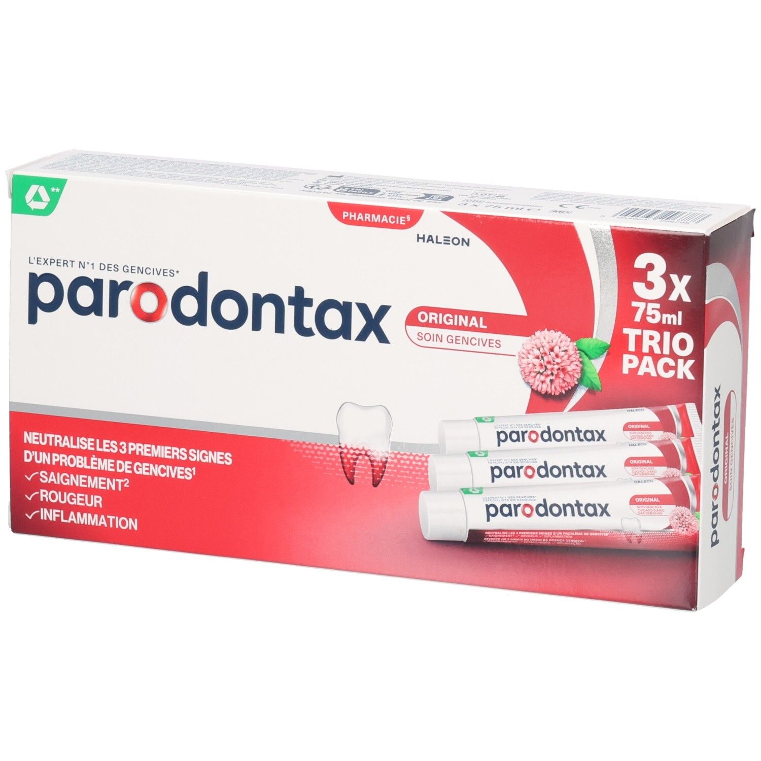 Boîte de trois tubes de dentifrice parodontax Original. Contient 3x75ml. Emballage rouge et blanc.