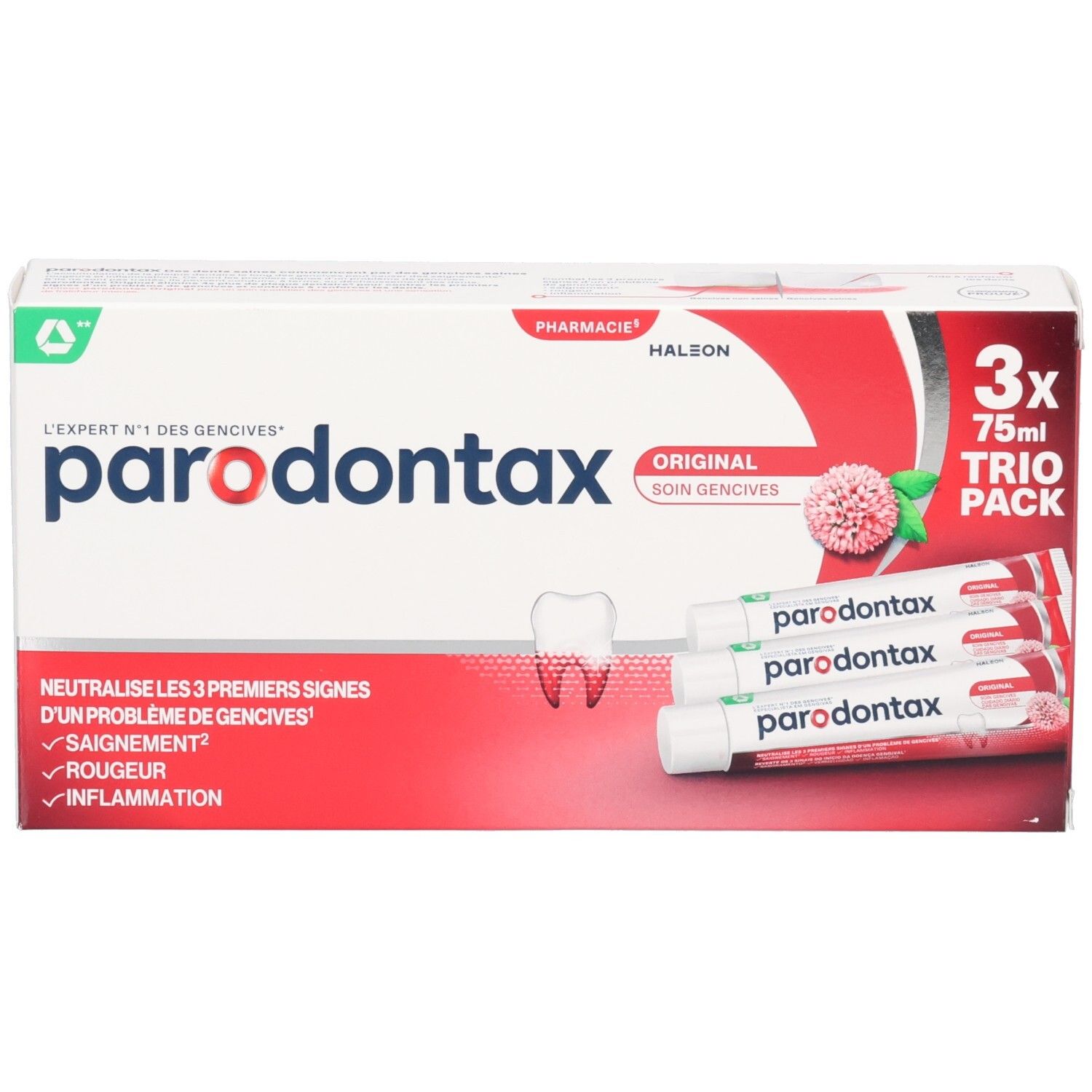 Boîte de trois tubes de dentifrice parodontax Original. Contient 3x75ml. Emballage rouge et blanc.