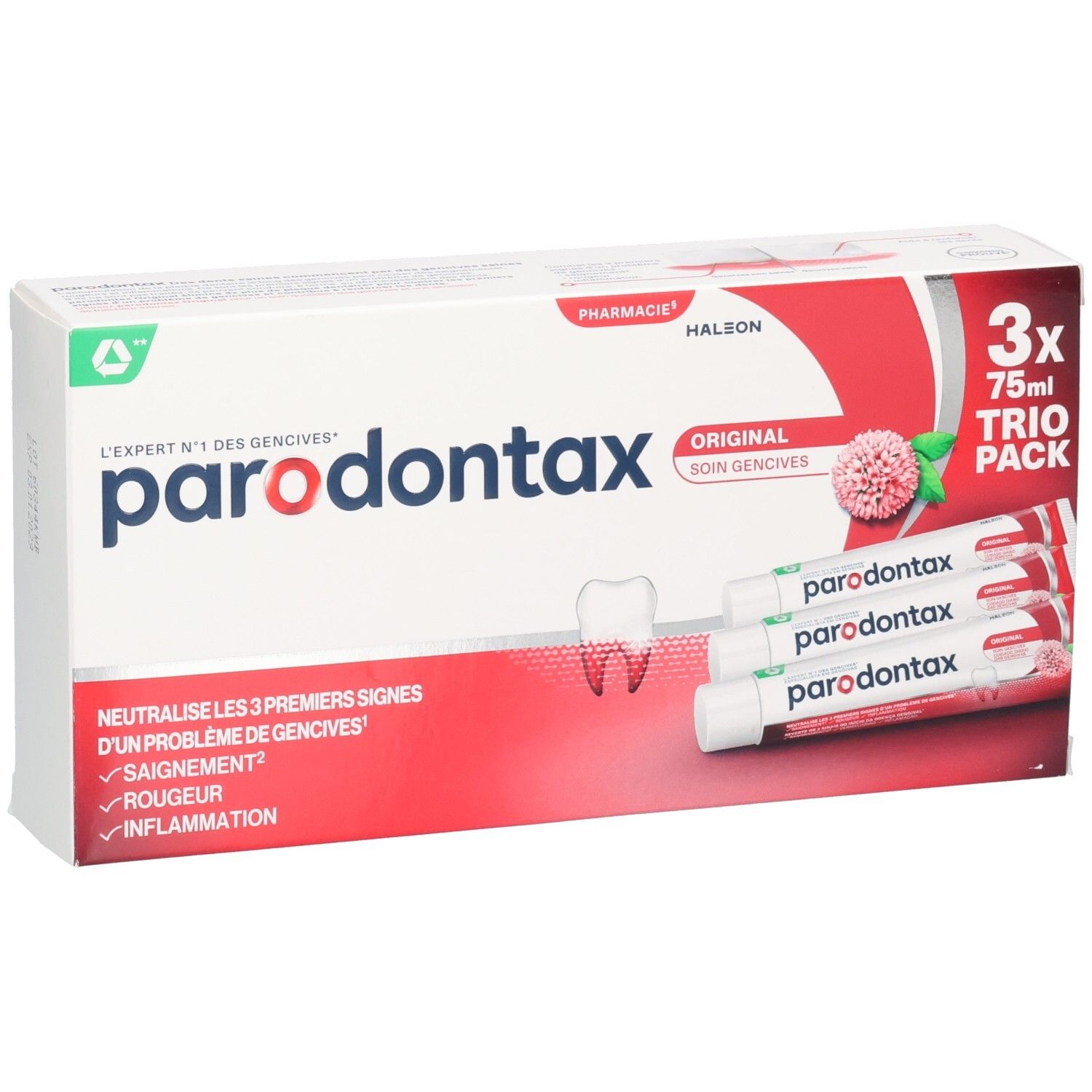 Boîte de trois tubes de dentifrice parodontax Original. Contient 3x75ml. Emballage rouge et blanc.
