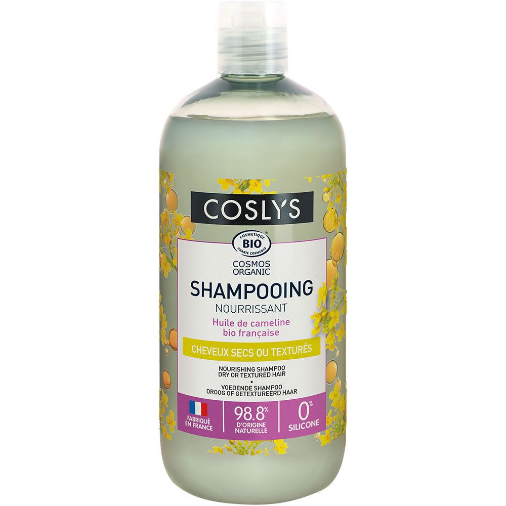 Flacon transparent de shampooing Coslys. Étiquette avec informations produit et label bio. Drapeau français.