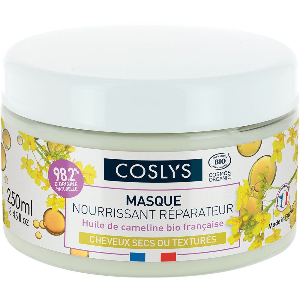 Pot de crème blanc. Inscription: Coslys Masque nourrissant réparateur. 98,2% d'origine naturelle. 250ml.