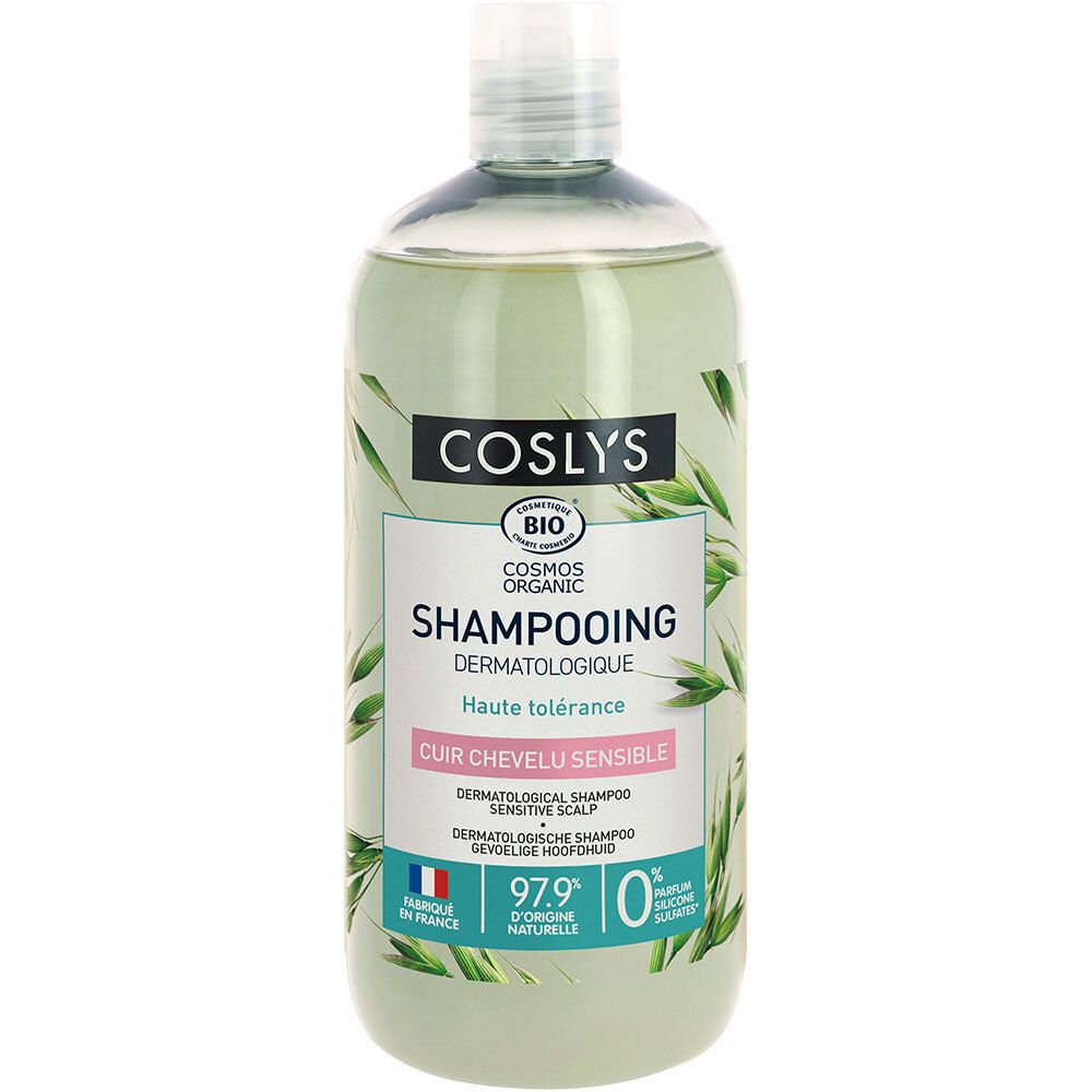 Flacon vert avec étiquette blanche. Inscription: Coslys Shampooing dermatologique. Certification Bio. 97,9% d'origine naturelle.