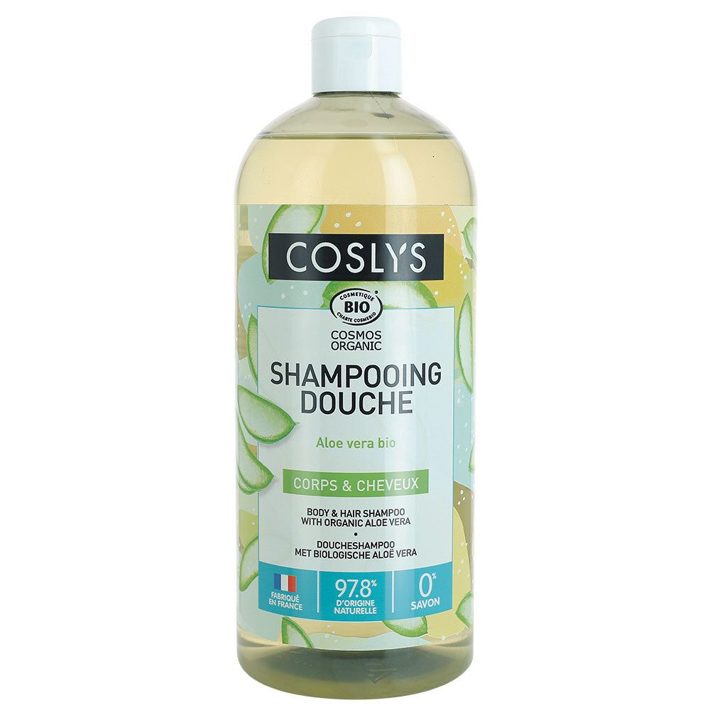 Flacon transparent de shampooing. Étiquette avec nom du produit, marque et label bio. Illustrations d'aloe vera.