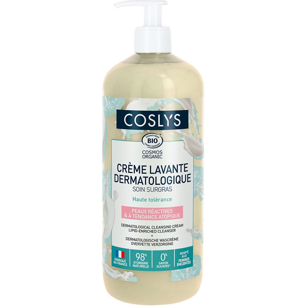Flacon de Coslys Crème lavante dermatologique avec pompe. Inscription : Crème lavante dermatologique, Peaux réactives & à tendance atopique.