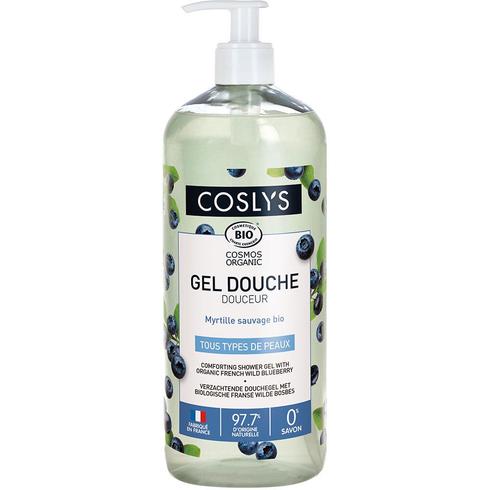 Flacon de gel douche Coslys avec pompe. Étiquette avec nom du produit et certification bio. Décor de myrtilles.