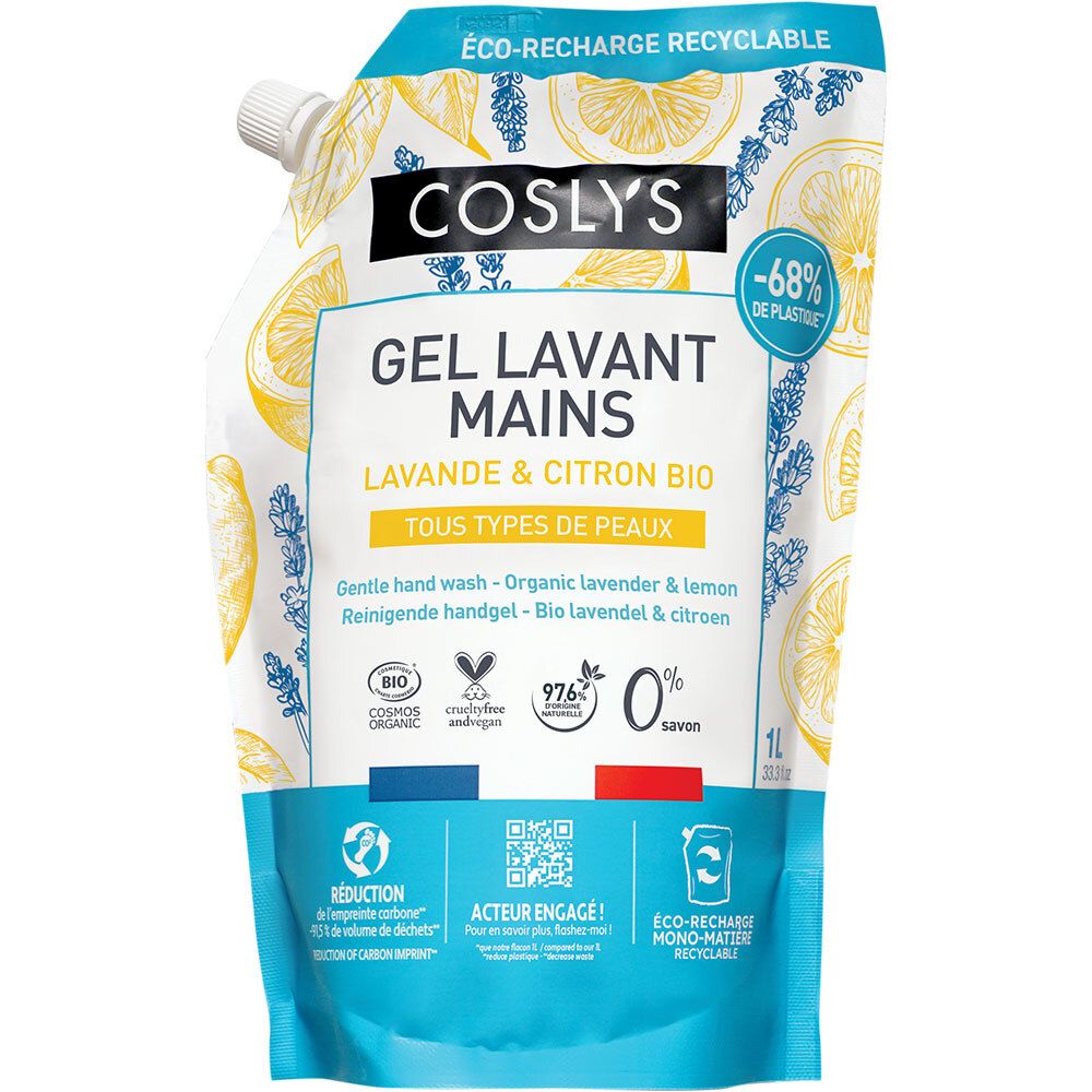 Recharge de gel lavant pour les mains. Blanc avec illustrations de citrons et lavande. Texte: Coslys, Gel Lavant Mains, Lavande & Citron Bio.