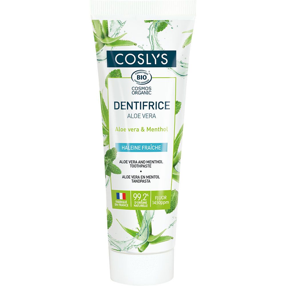 Tube de dentifrice Coslys Dentifrice Aloe Vera. Blanche, motifs végétaux verts et informations produit. Certification bio.