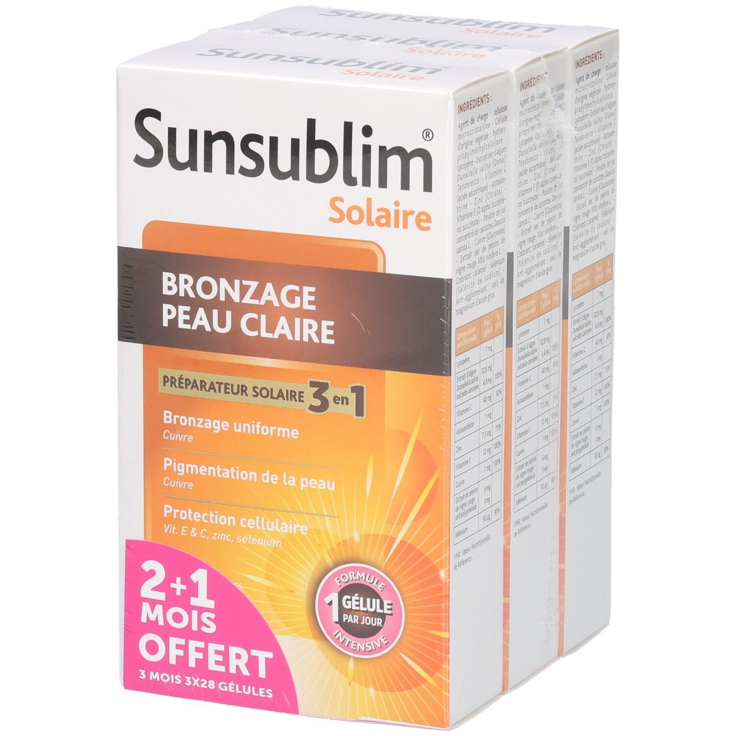 Plusieurs boîtes SUNSUBLIM Solaire. Inscription: Bronzage Peau Claire, préparation 3 en 1, 2+1 mois offerts. Éléments roses et oranges.