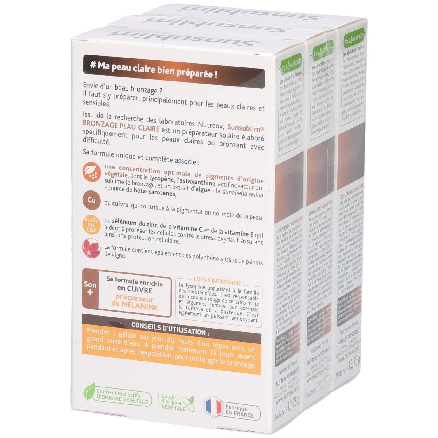 Dos de trois boîtes SUNSUBLIM Solaire. Texte: #Ma peau claire bien préparée! Informations d'utilisation et ingrédients.