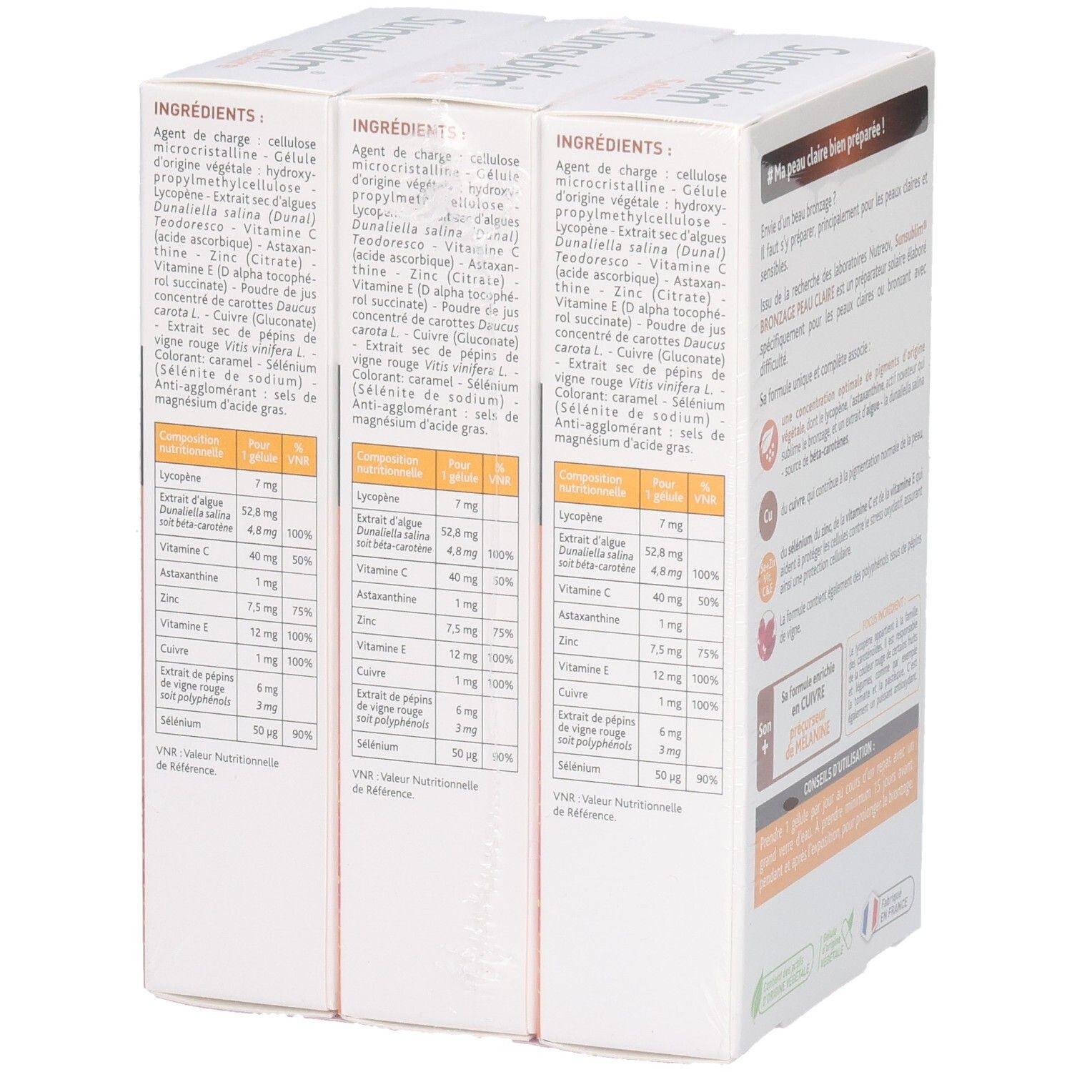 Dos de trois boîtes SUNSUBLIM Solaire. Liste des ingrédients et informations nutritionnelles sous forme de tableau.