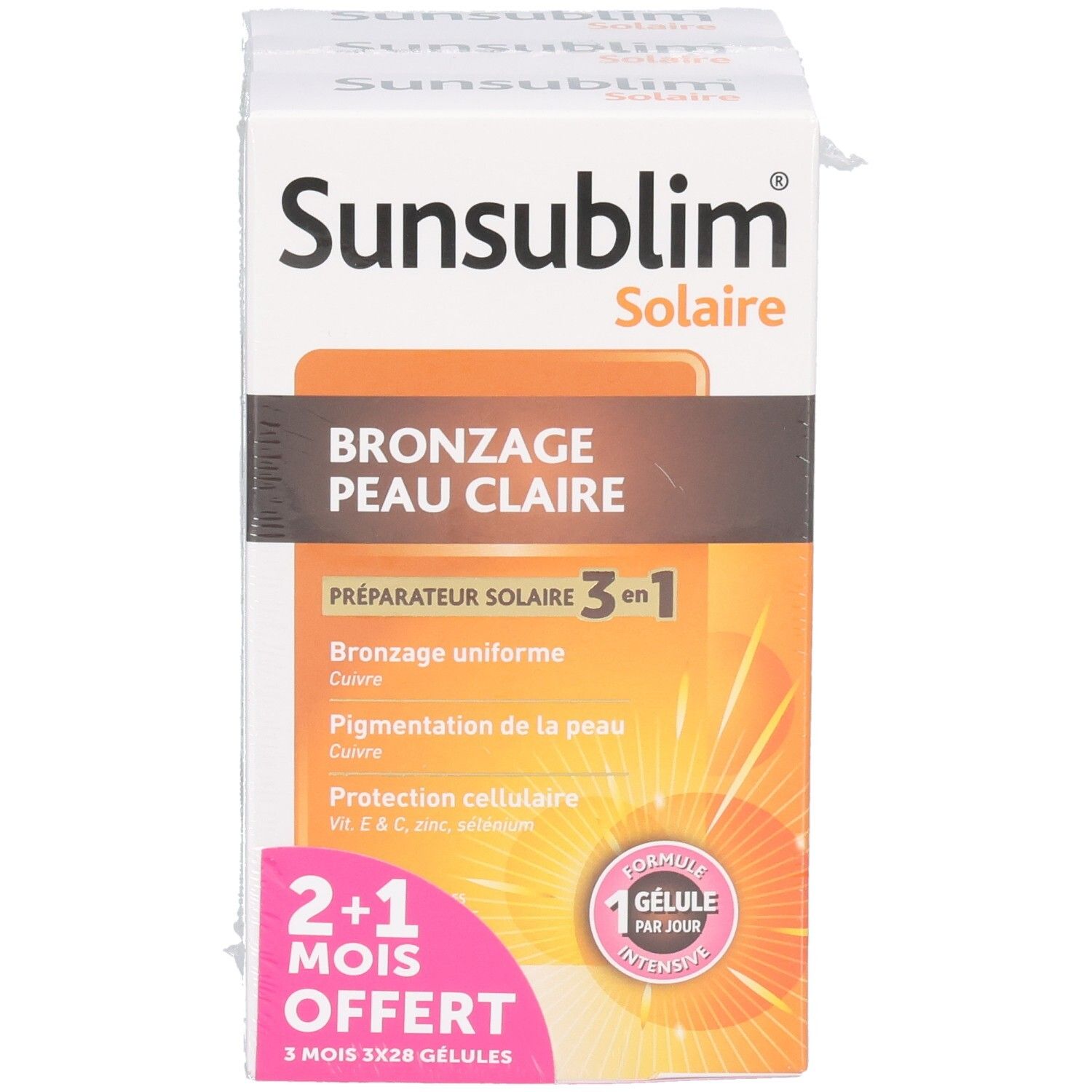 Une boîte SUNSUBLIM Solaire. Inscription: Bronzage Peau Claire, préparation 3 en 1, 2+1 mois offerts. Éléments roses et oranges.